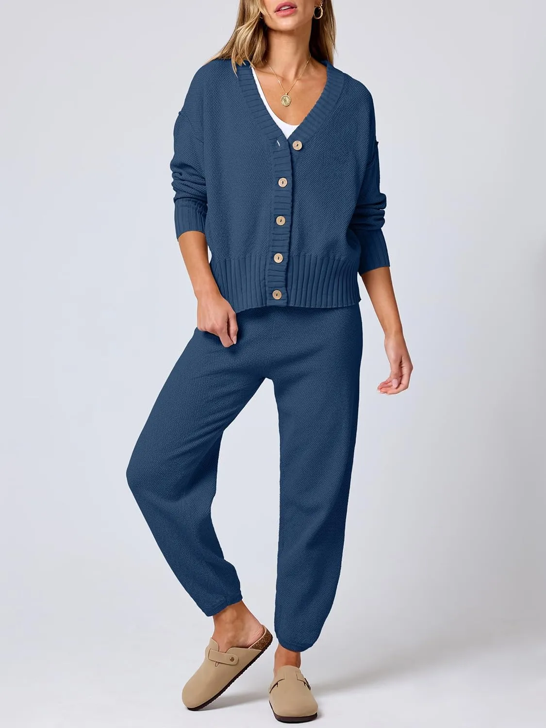 ANRABESS Women 2 Piece Outfits Waffle Knit Long Sleeve Cardigan Set Casual Sweater Pants Lounge Sets 2024 Fall Clothes