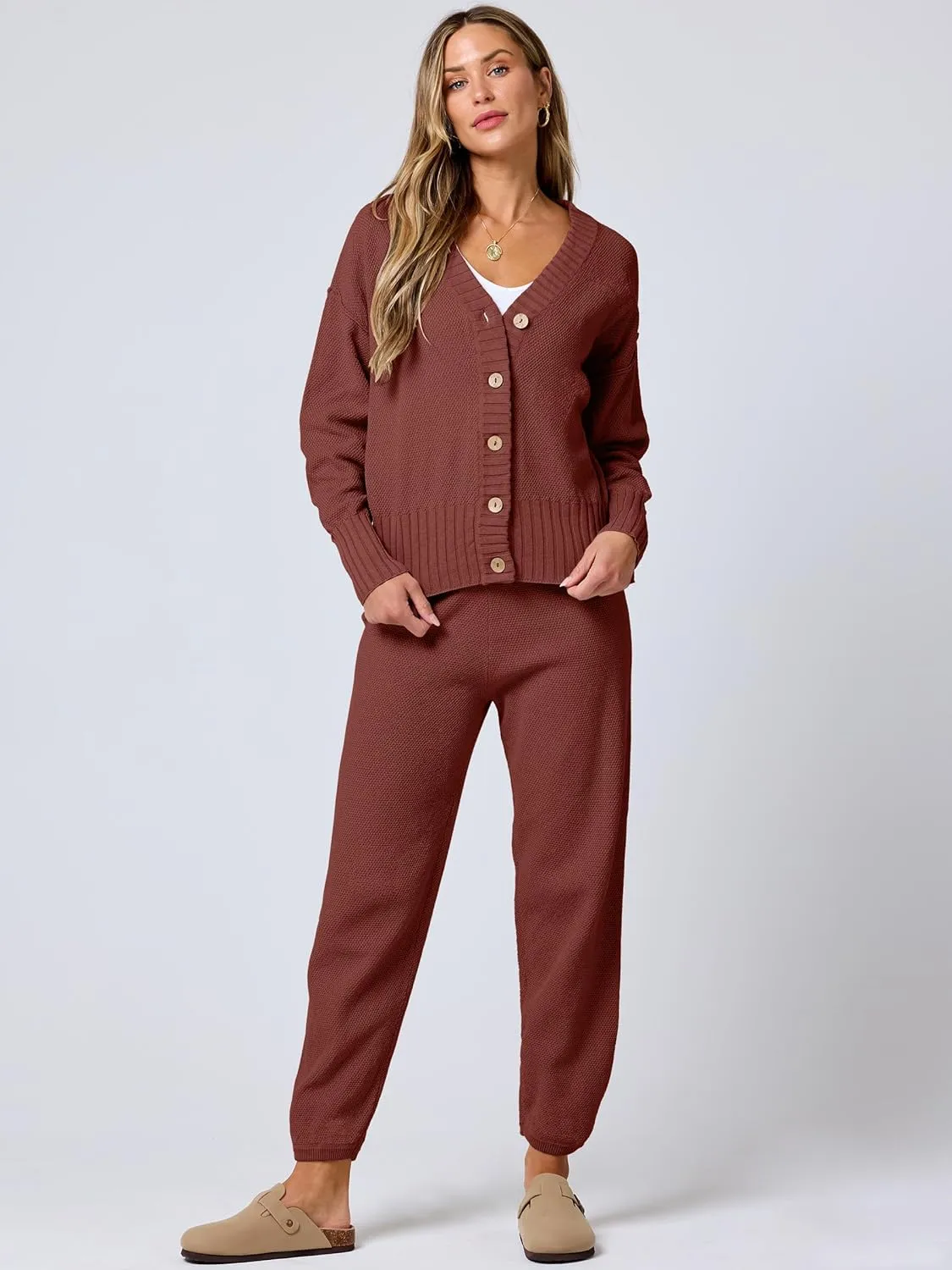 ANRABESS Women 2 Piece Outfits Waffle Knit Long Sleeve Cardigan Set Casual Sweater Pants Lounge Sets 2024 Fall Clothes