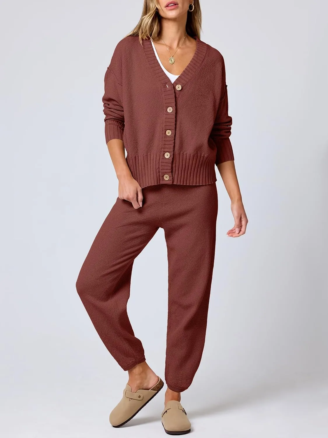 ANRABESS Women 2 Piece Outfits Waffle Knit Long Sleeve Cardigan Set Casual Sweater Pants Lounge Sets 2024 Fall Clothes