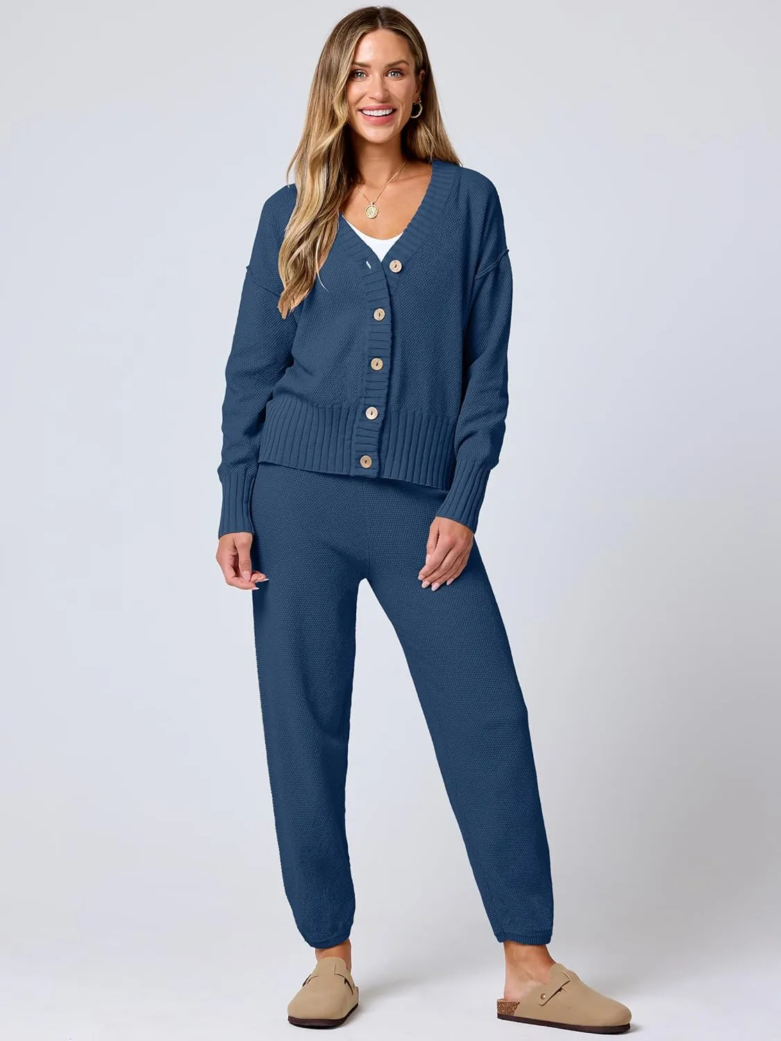 ANRABESS Women 2 Piece Outfits Waffle Knit Long Sleeve Cardigan Set Casual Sweater Pants Lounge Sets 2024 Fall Clothes