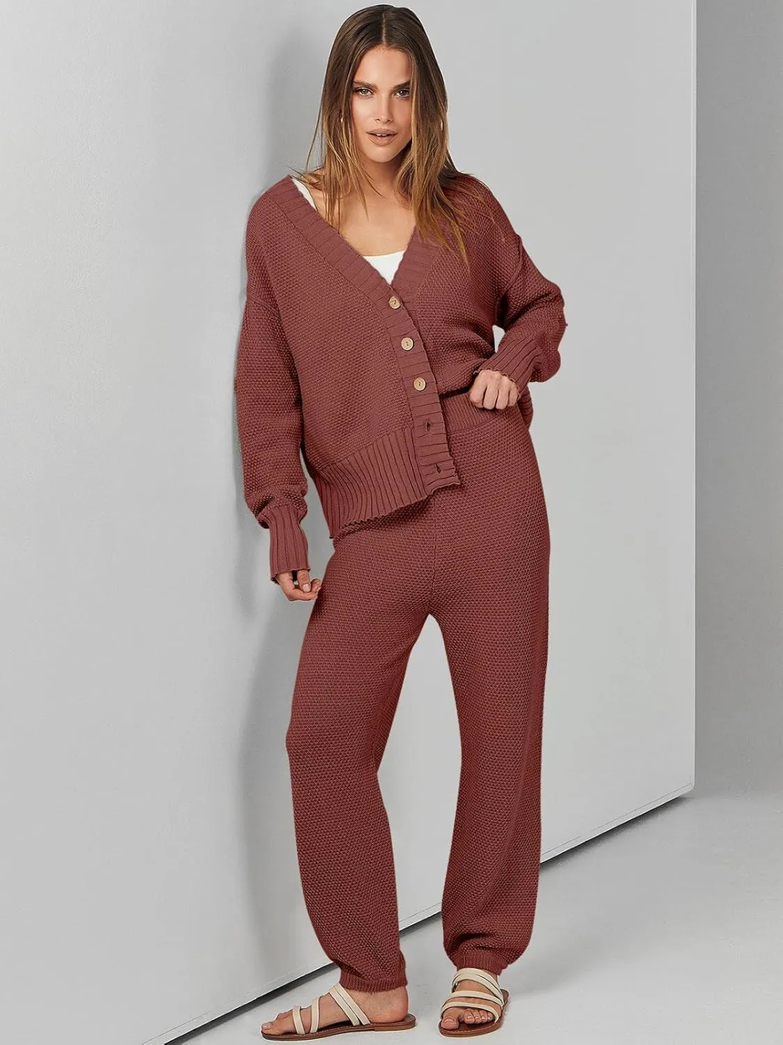 ANRABESS Women 2 Piece Outfits Waffle Knit Long Sleeve Cardigan Set Casual Sweater Pants Lounge Sets 2024 Fall Clothes