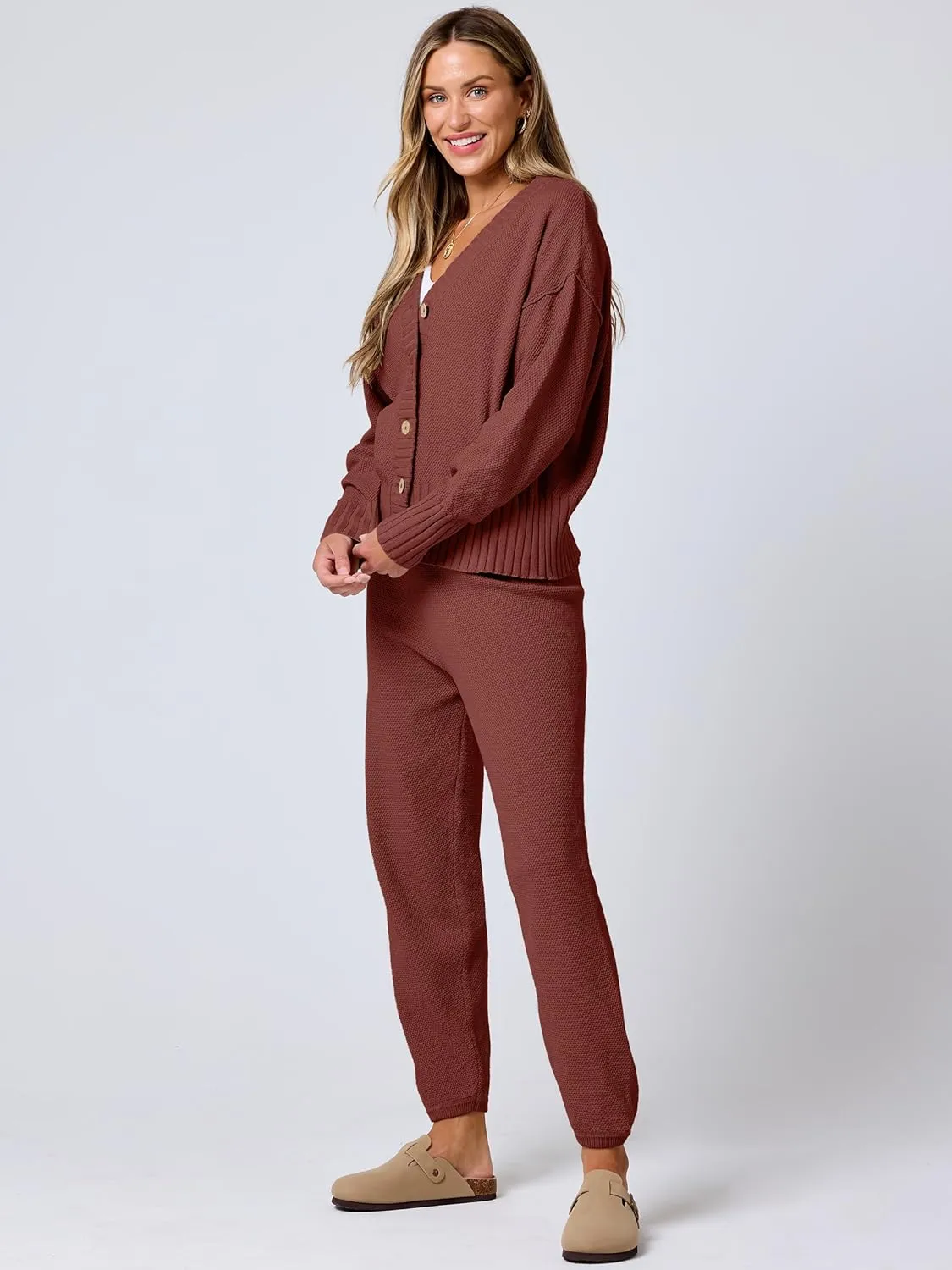 ANRABESS Women 2 Piece Outfits Waffle Knit Long Sleeve Cardigan Set Casual Sweater Pants Lounge Sets 2024 Fall Clothes