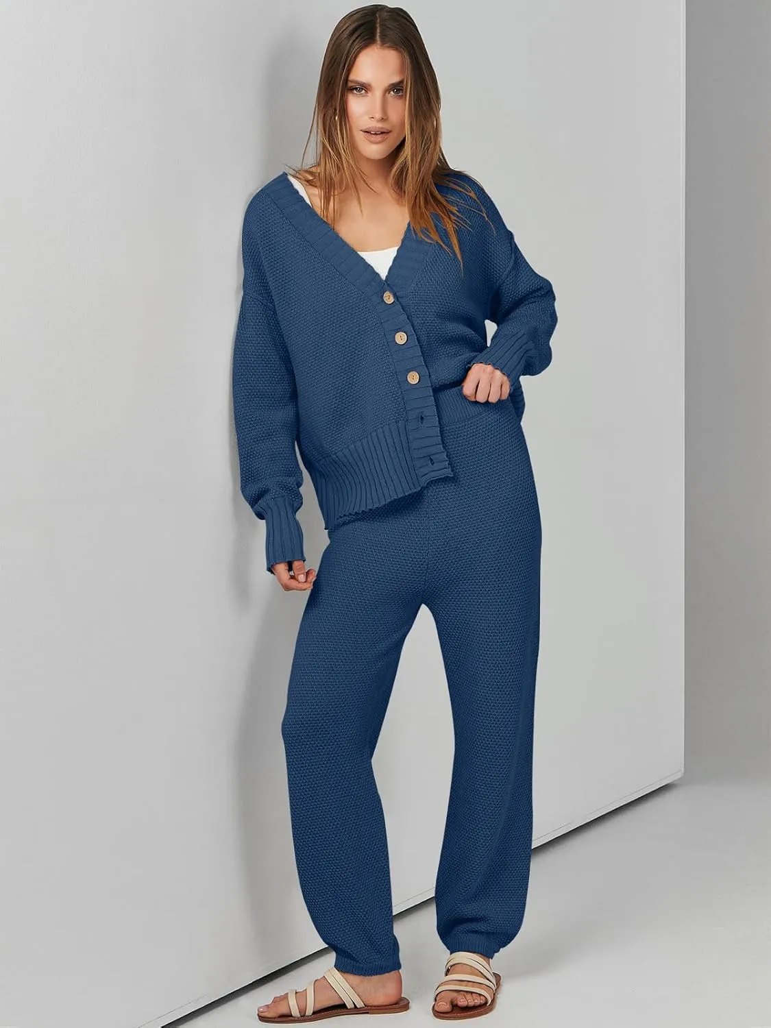 ANRABESS Women 2 Piece Outfits Waffle Knit Long Sleeve Cardigan Set Casual Sweater Pants Lounge Sets 2024 Fall Clothes
