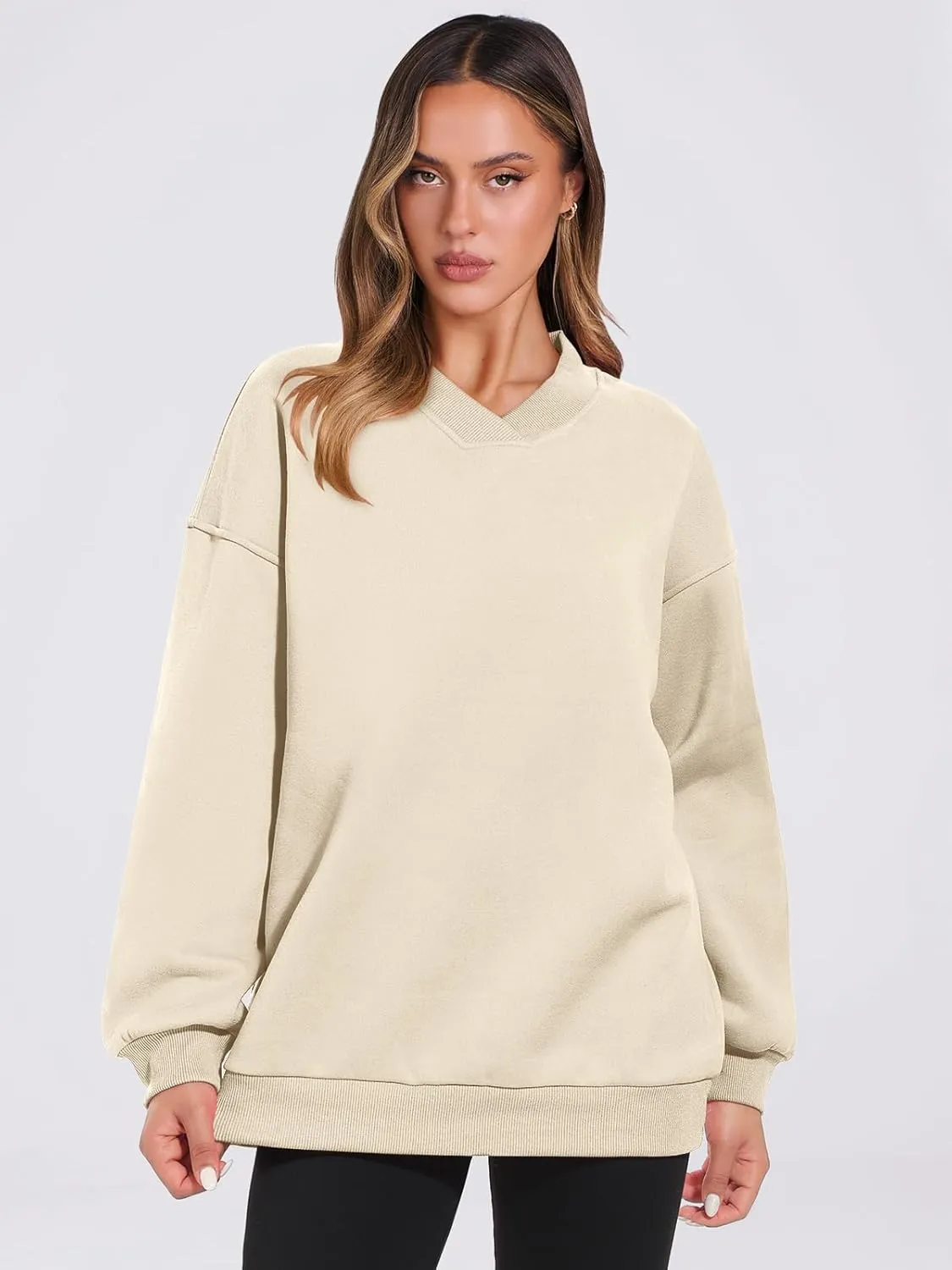 ANRABESS Womens Oversized V Neck Sweatshirt Fleece Long Sleeve Hoodies Pullover Comfy Top Outfits 2024 Teen Preppy Clothes