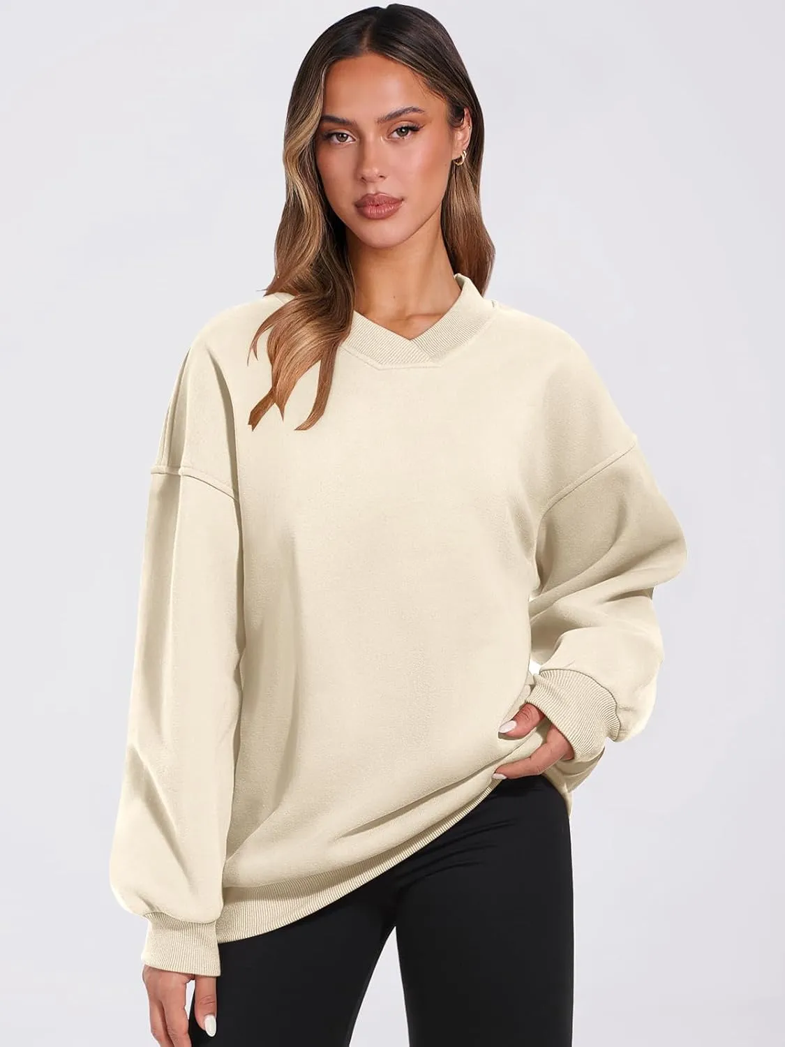 ANRABESS Womens Oversized V Neck Sweatshirt Fleece Long Sleeve Hoodies Pullover Comfy Top Outfits 2024 Teen Preppy Clothes