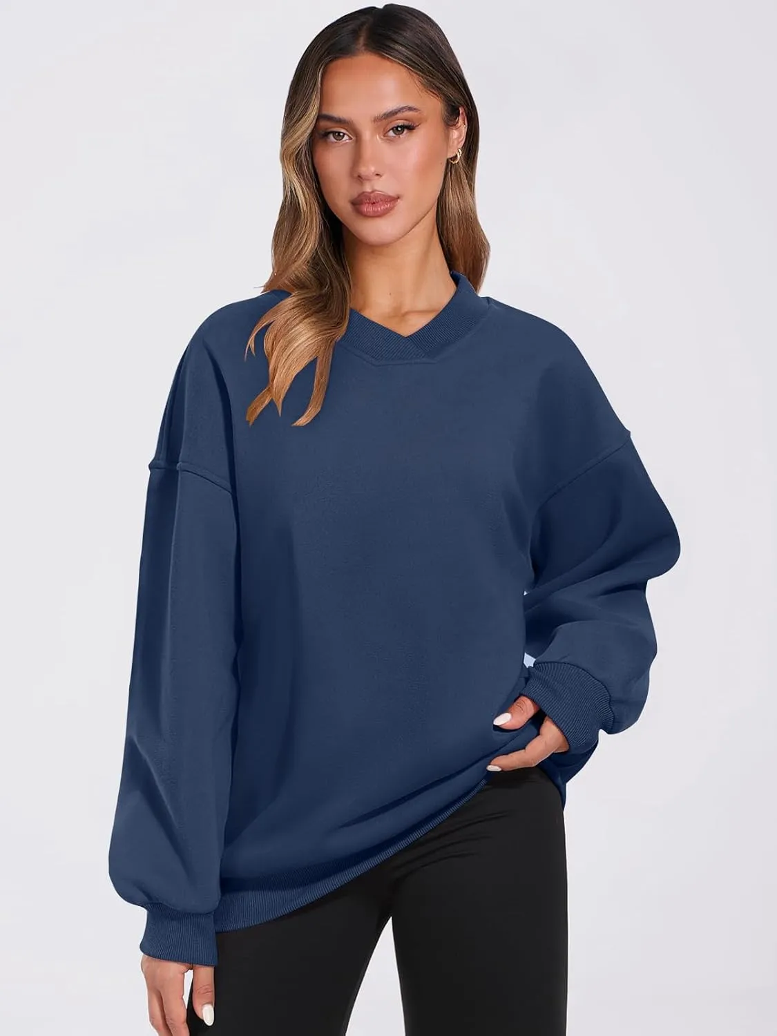 ANRABESS Womens Oversized V Neck Sweatshirt Fleece Long Sleeve Hoodies Pullover Comfy Top Outfits 2024 Teen Preppy Clothes
