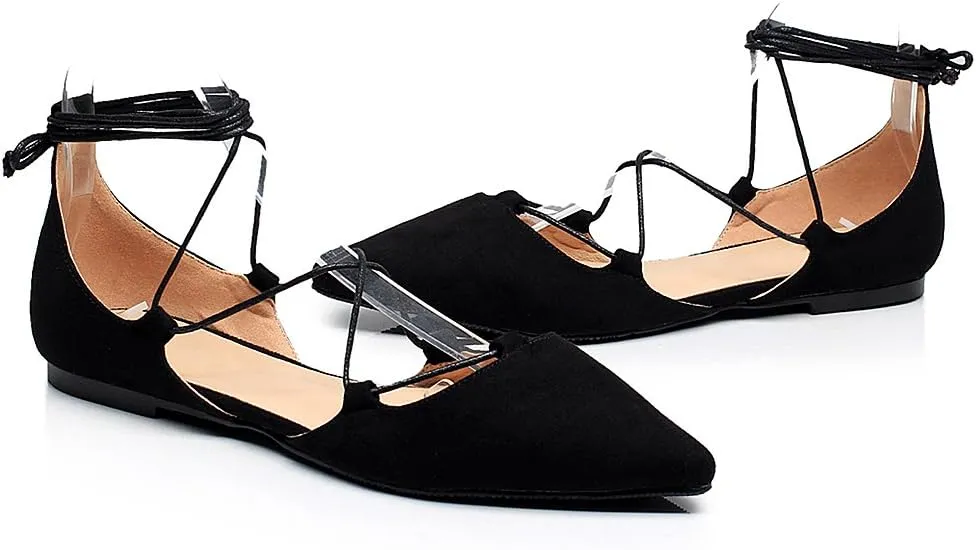 ANUFER Women Soft Faux Suede Flat Pointed Toe Pumps Fancy Cross Lace Up Ballerinas Shoes
