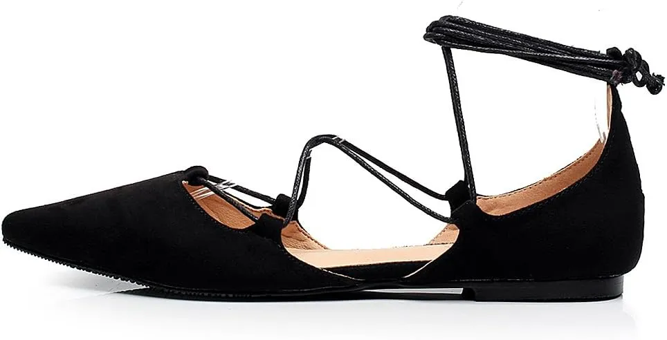 ANUFER Women Soft Faux Suede Flat Pointed Toe Pumps Fancy Cross Lace Up Ballerinas Shoes