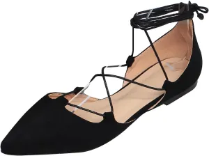 ANUFER Women Soft Faux Suede Flat Pointed Toe Pumps Fancy Cross Lace Up Ballerinas Shoes