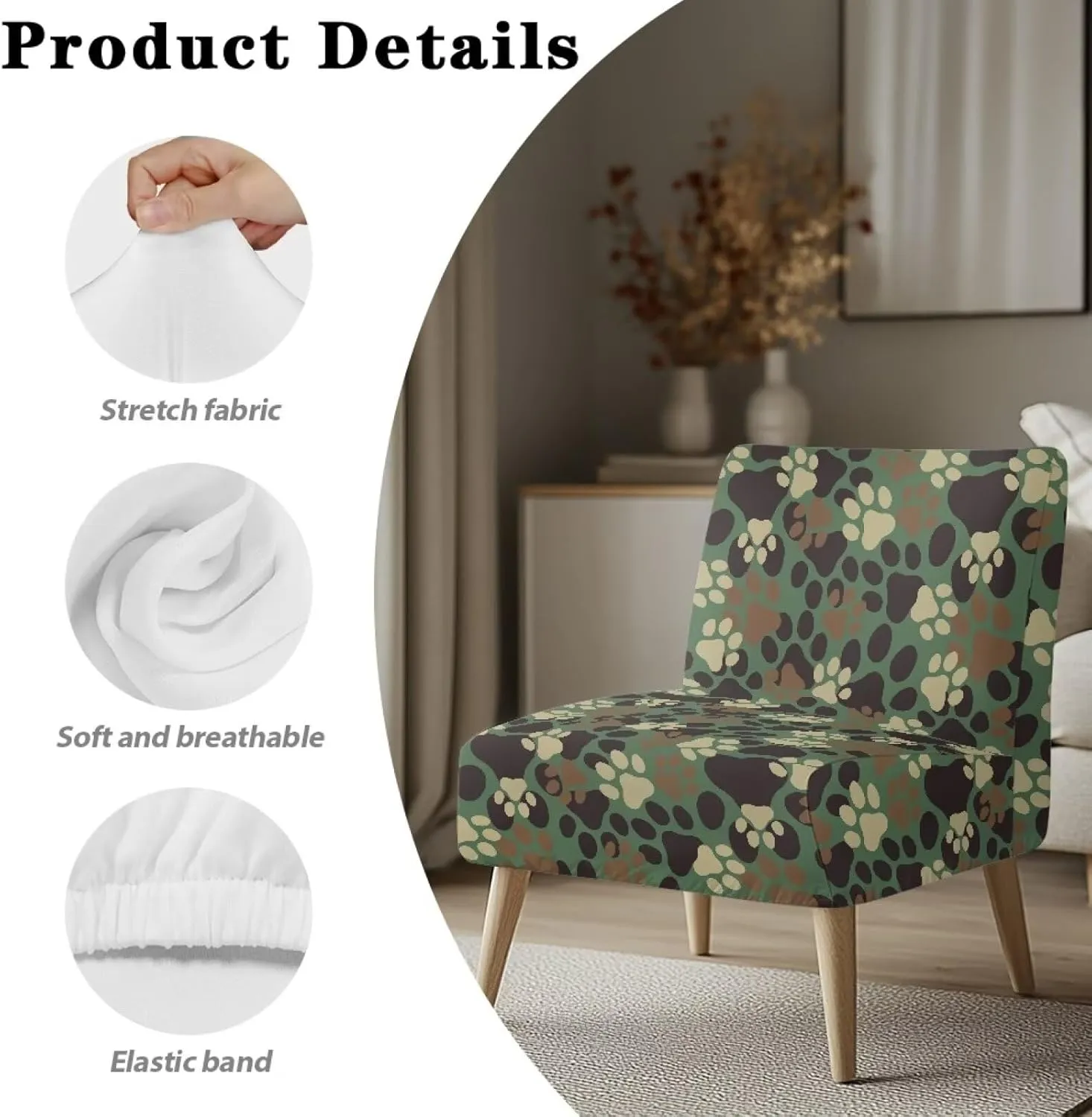 Armless Accent Chair Cover Dog Paw Print Slipper Chair Slipcover Stretch Removable for Armless Chair Furniture Protector Decorations Chair Cover for Living Dining Room Hotel