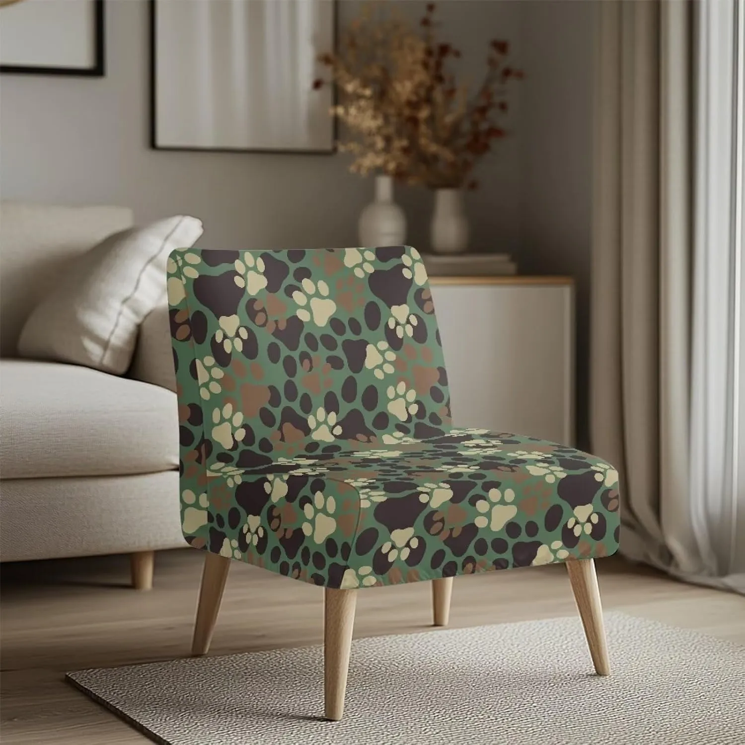 Armless Accent Chair Cover Dog Paw Print Slipper Chair Slipcover Stretch Removable for Armless Chair Furniture Protector Decorations Chair Cover for Living Dining Room Hotel