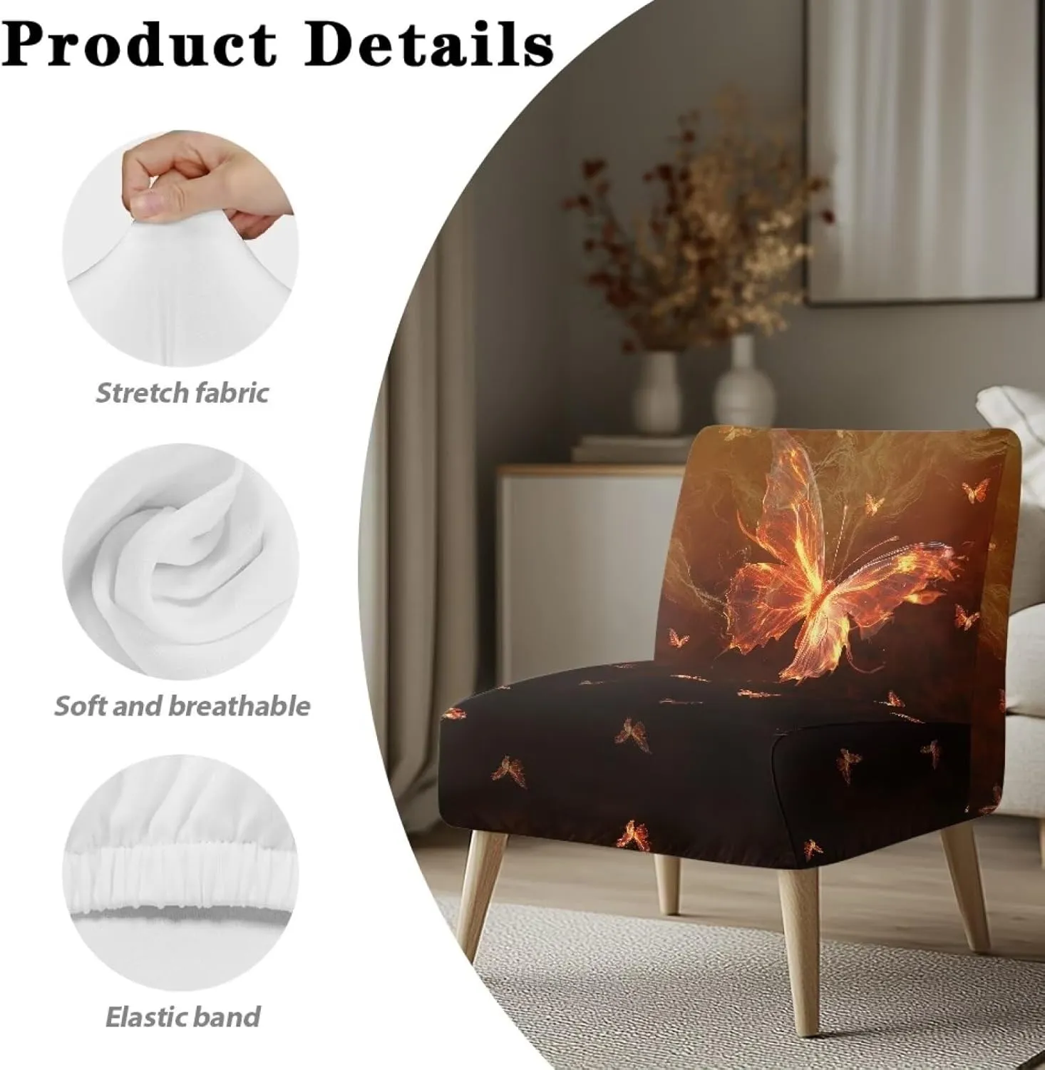 Armless Accent Chair Covers Stretch Flame Butterfly Slipper Chair Slipcover Soft Non-Slip Accent Chair Decorations Chair Cover Furniture Protector for Living Room Bedroom