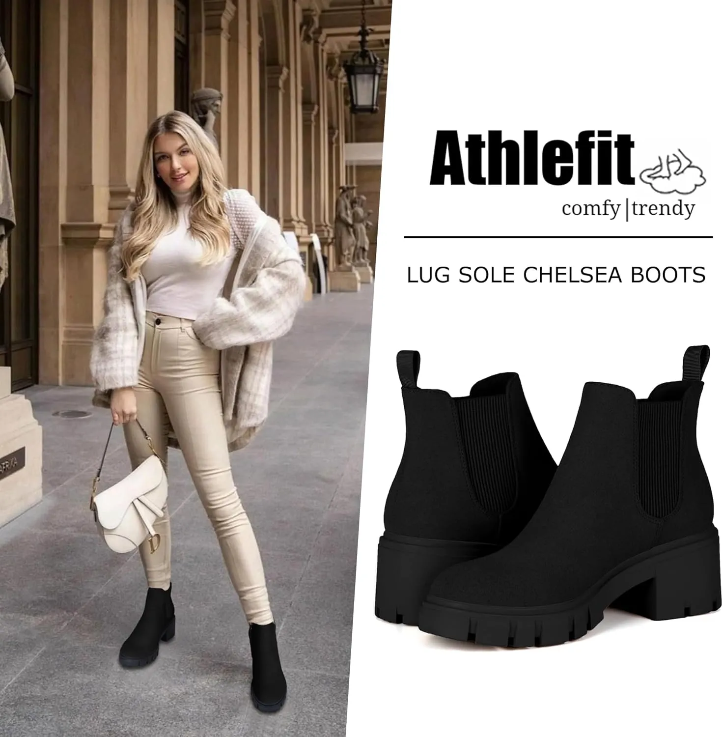 Athlefit Women's Chelsea Boots Fashion Lug Sole Chunky Heel Slip on Elastic Ankle Booties
