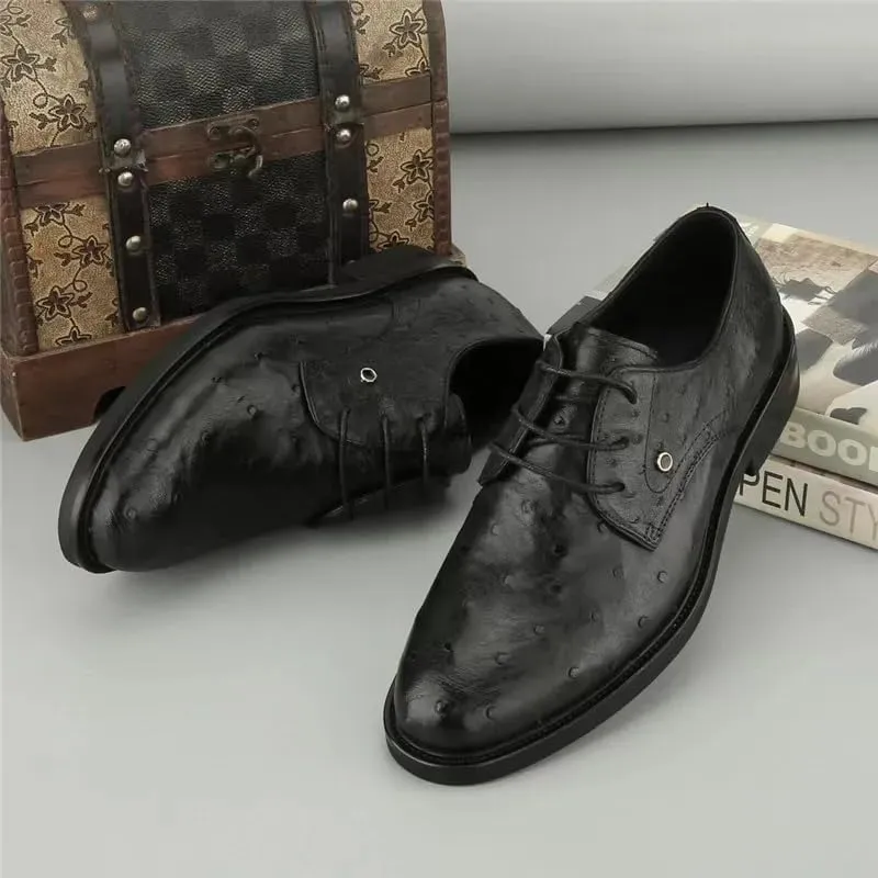 Authentic Real True Ostrich Skin Classic Solid Black Businessmen Dress Oxfords Genuine Exotic Leather Male Lace-up Soft Shoes