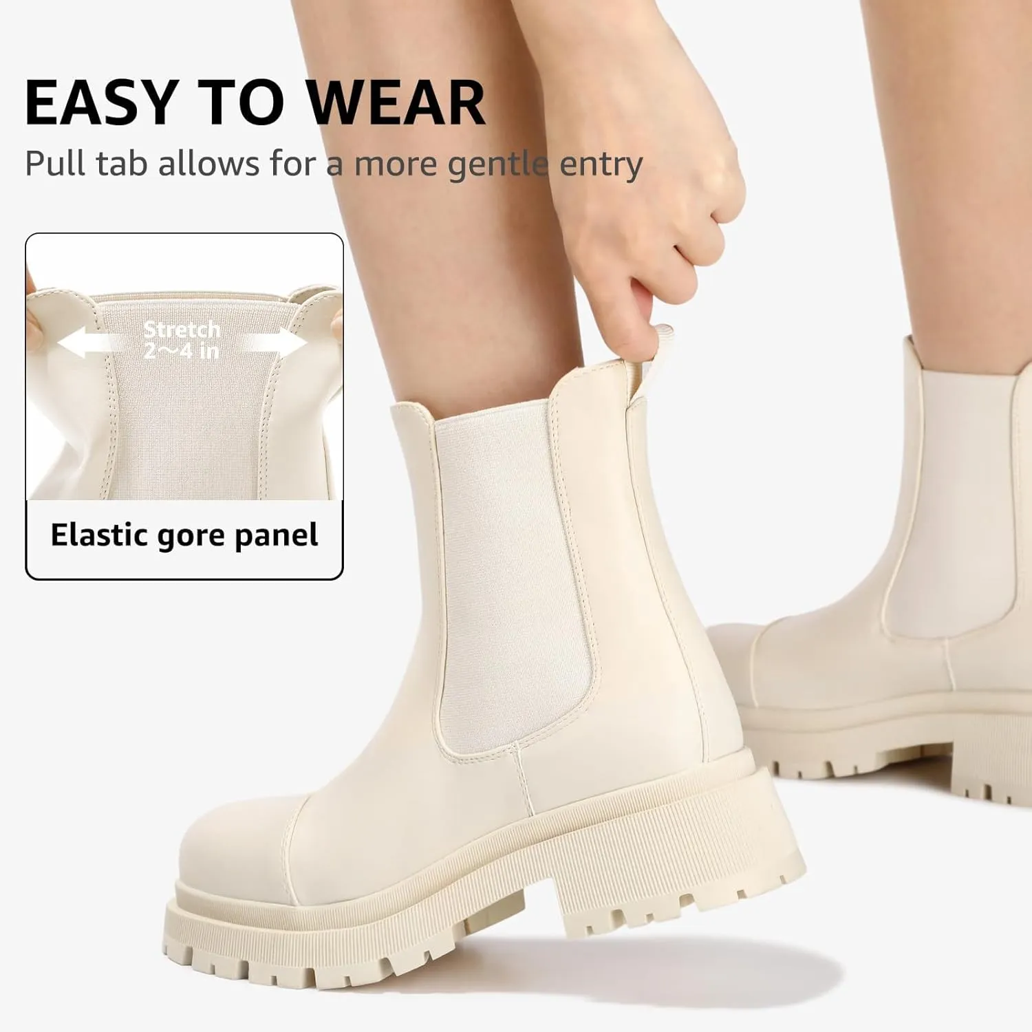 Bacia Chelsea Boots Women Lug Sole Ankle Boots Chunky Heel Slip On Booties