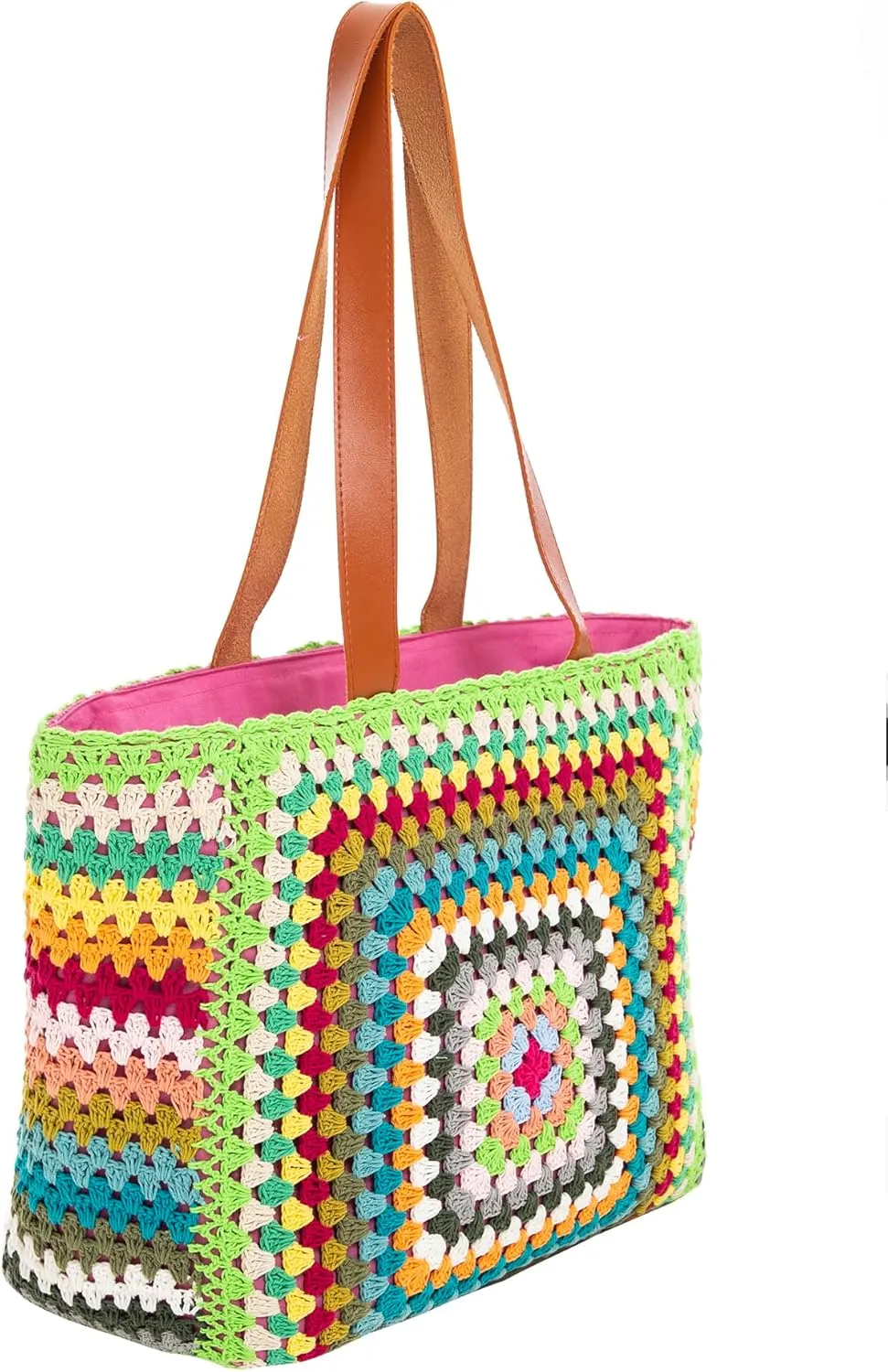 Back From Bali Womens 100% Cotton Hand Crochet Large Tote Bag Fully Lined Zipper Closure Colorful Handbag