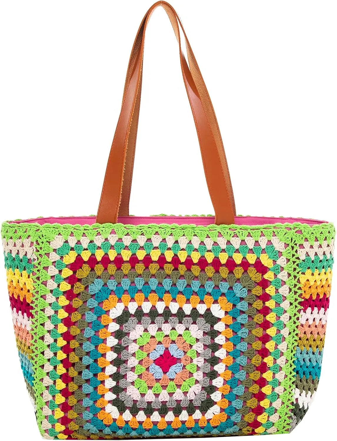 Back From Bali Womens 100% Cotton Hand Crochet Large Tote Bag Fully Lined Zipper Closure Colorful Handbag