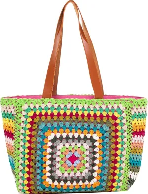 Back From Bali Womens 100% Cotton Hand Crochet Large Tote Bag Fully Lined Zipper Closure Colorful Handbag