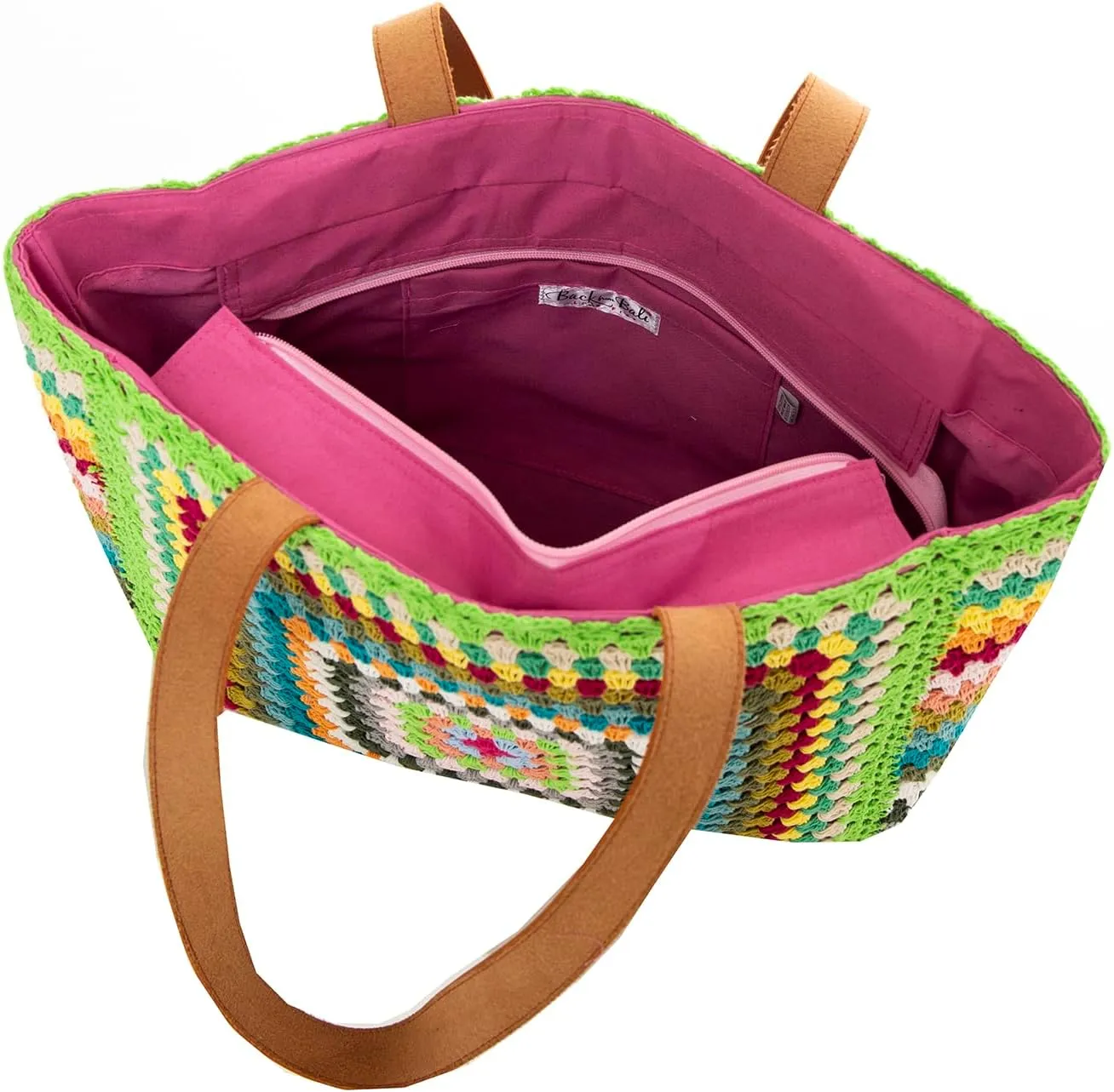 Back From Bali Womens 100% Cotton Hand Crochet Large Tote Bag Fully Lined Zipper Closure Colorful Handbag
