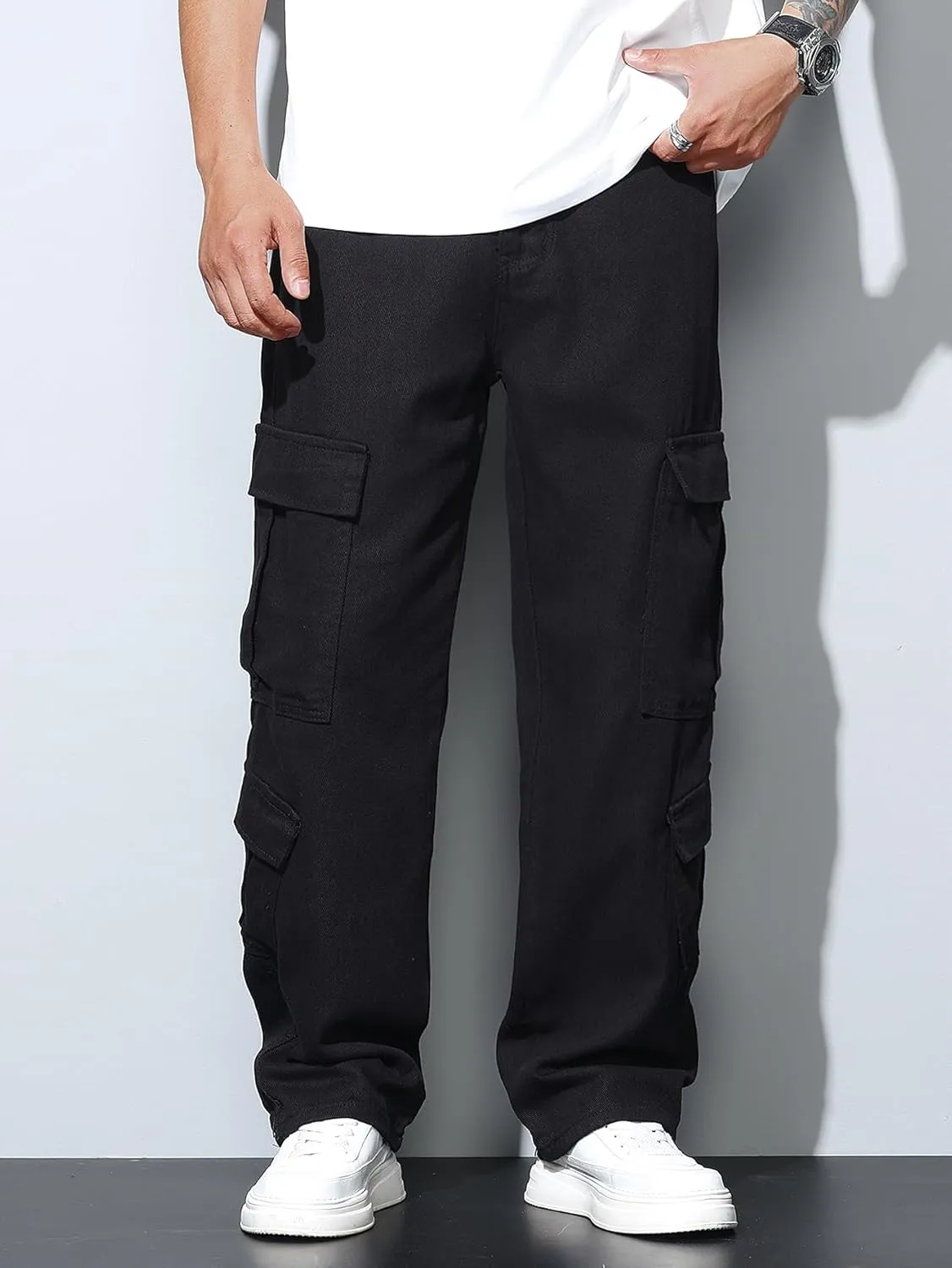 Baggy Denim Cargo Pants for Men with Pockets Mid Weight Wide Leg Hip Hop Skater Jeans Streetwear