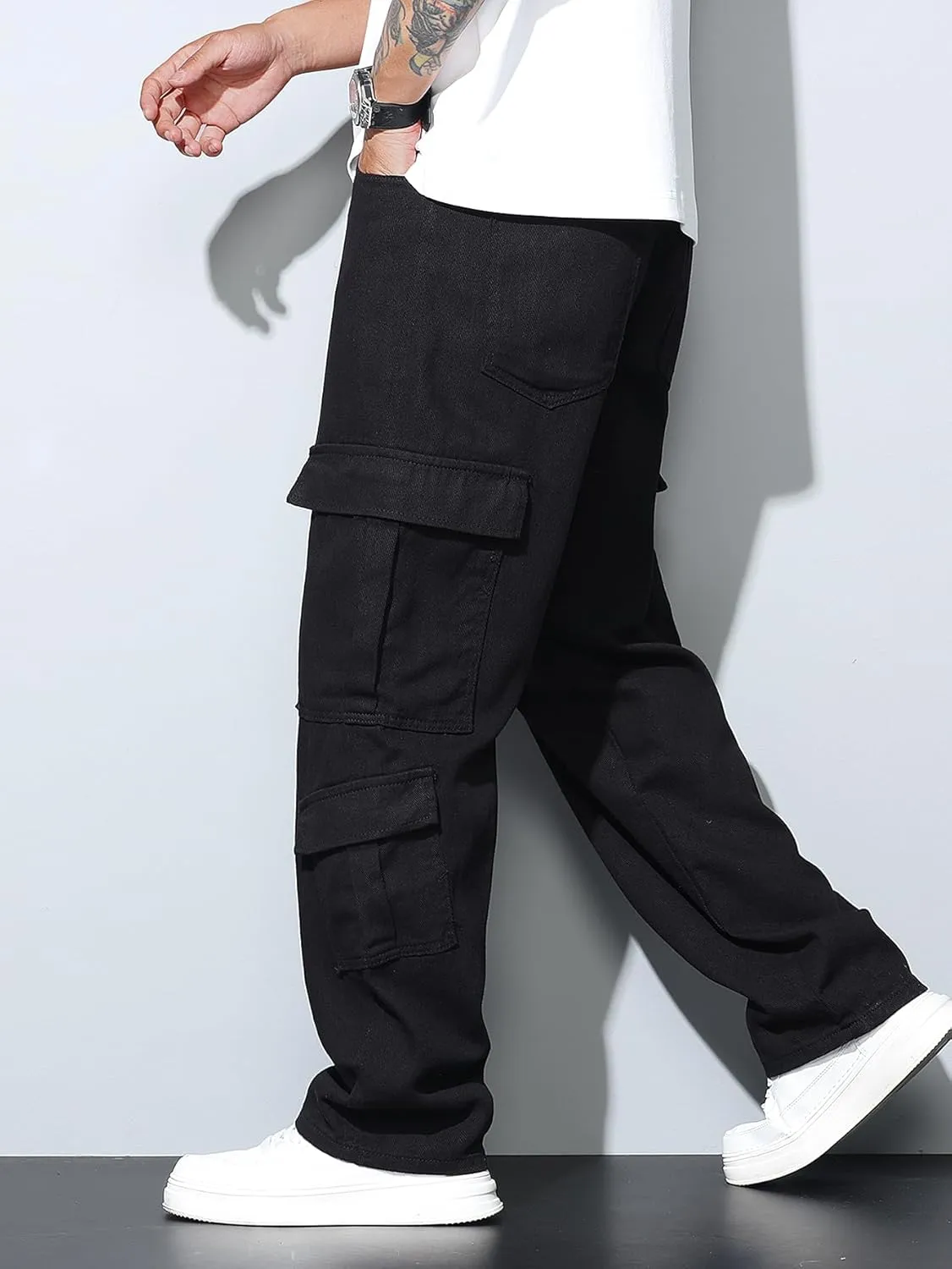Baggy Denim Cargo Pants for Men with Pockets Mid Weight Wide Leg Hip Hop Skater Jeans Streetwear