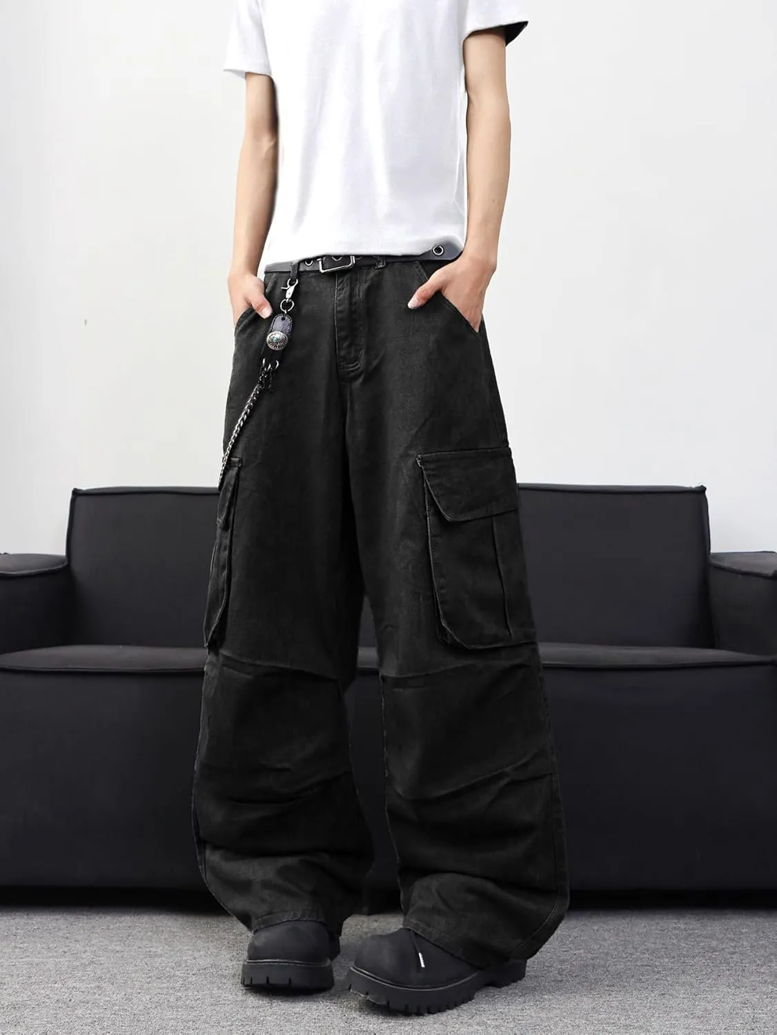 Baggy Denim Cargo Pants for Men with Pockets Mid Weight Wide Leg Hip Hop Skater Jeans Streetwear