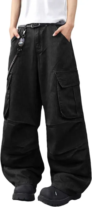 Baggy Denim Cargo Pants for Men with Pockets Mid Weight Wide Leg Hip Hop Skater Jeans Streetwear