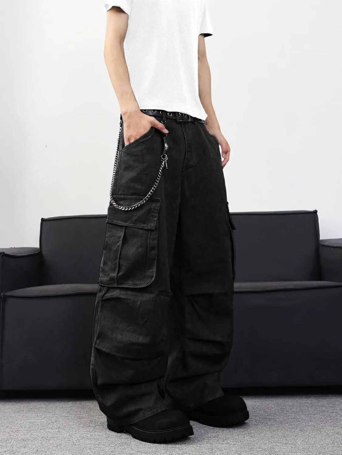 Baggy Denim Cargo Pants for Men with Pockets Mid Weight Wide Leg Hip Hop Skater Jeans Streetwear