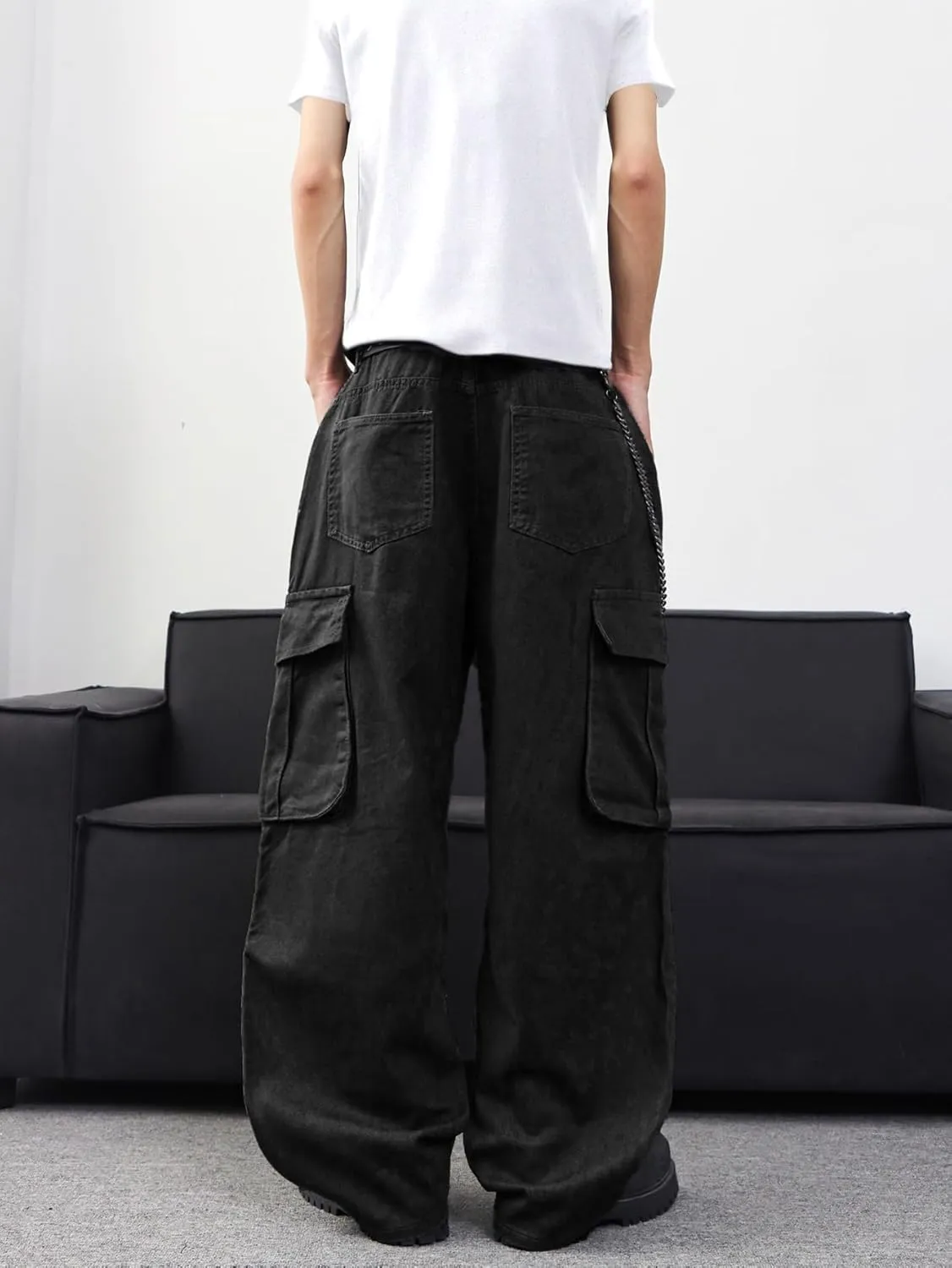 Baggy Denim Cargo Pants for Men with Pockets Mid Weight Wide Leg Hip Hop Skater Jeans Streetwear