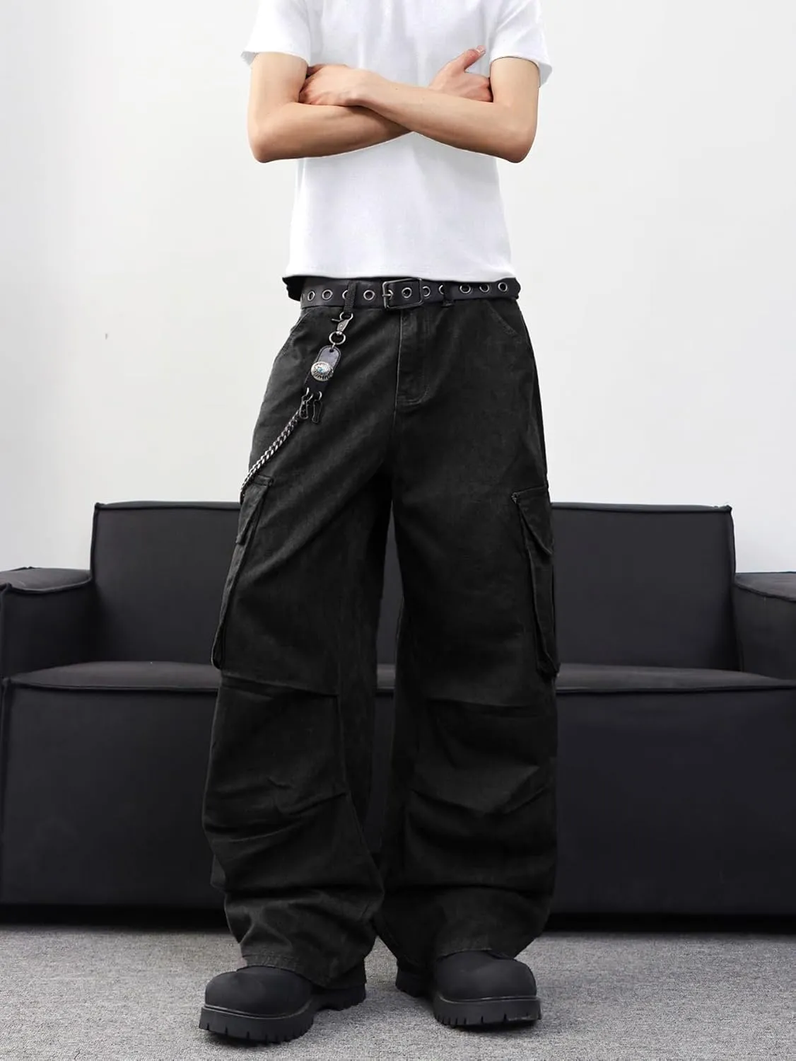 Baggy Denim Cargo Pants for Men with Pockets Mid Weight Wide Leg Hip Hop Skater Jeans Streetwear