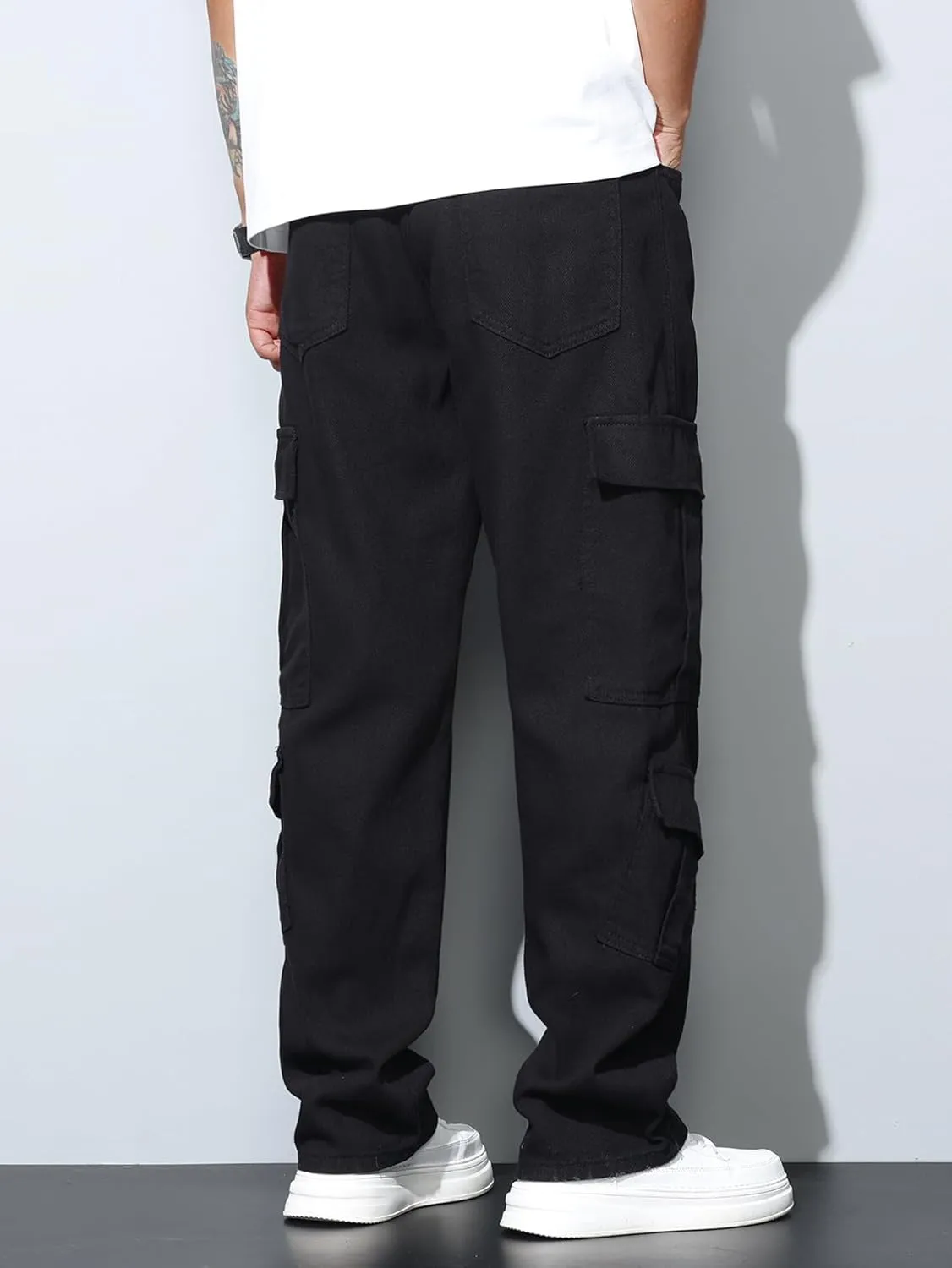 Baggy Denim Cargo Pants for Men with Pockets Mid Weight Wide Leg Hip Hop Skater Jeans Streetwear