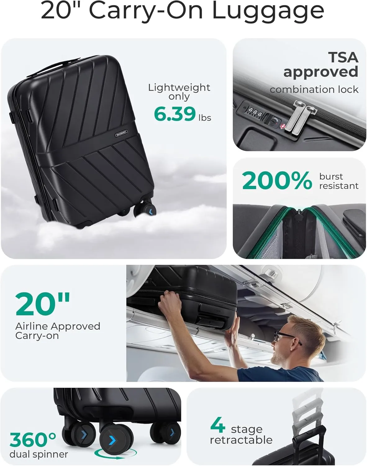 BAGSMART Carry On Luggage 22x14x9 Airline Approved With TSA Lock, 1OO% Polycarbonate Hardside Luggage with Spinner Wheels, Durable Hard Shell Carry On Suitcase 20 inch Black