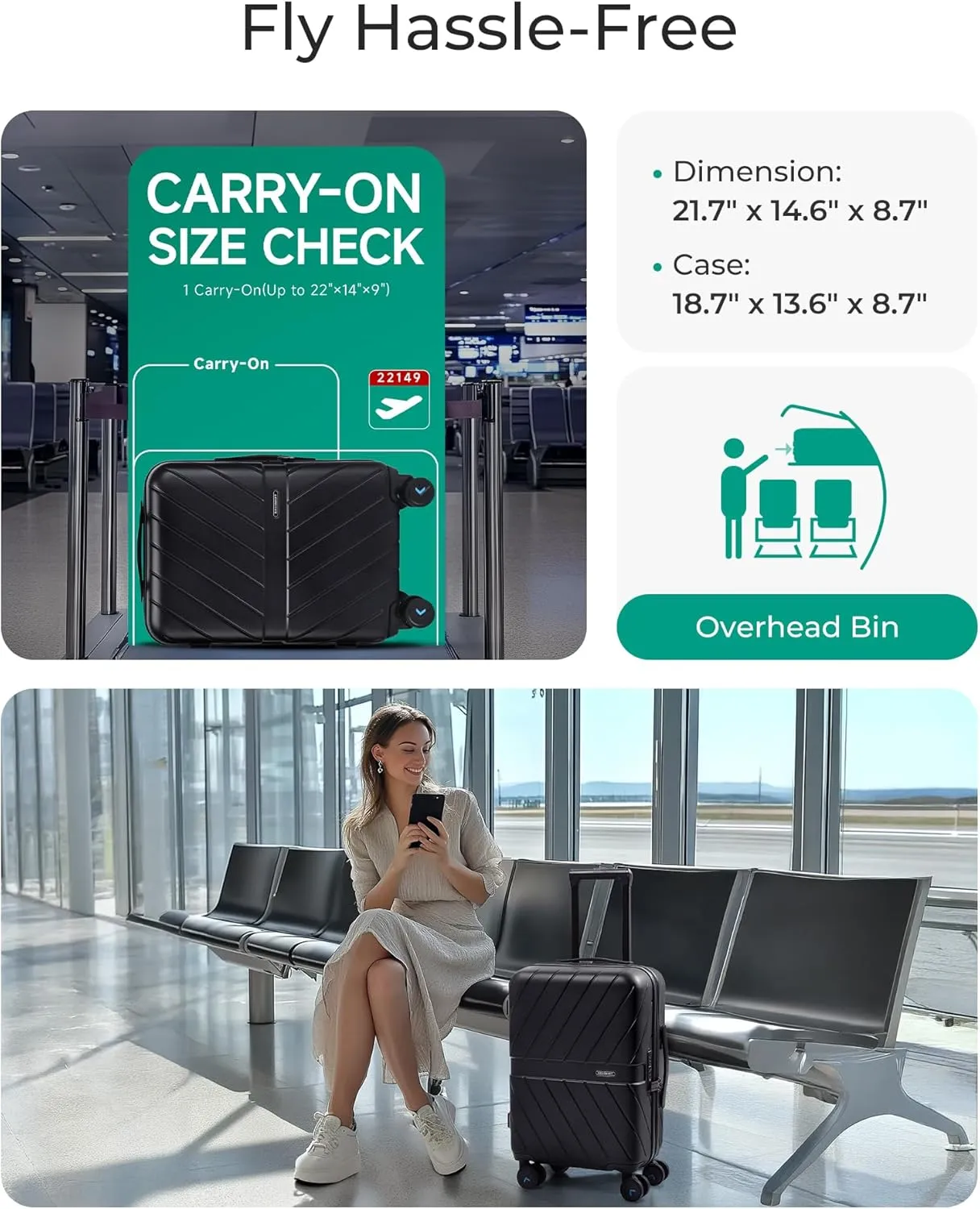 BAGSMART Carry On Luggage 22x14x9 Airline Approved With TSA Lock, 1OO% Polycarbonate Hardside Luggage with Spinner Wheels, Durable Hard Shell Carry On Suitcase 20 inch Black