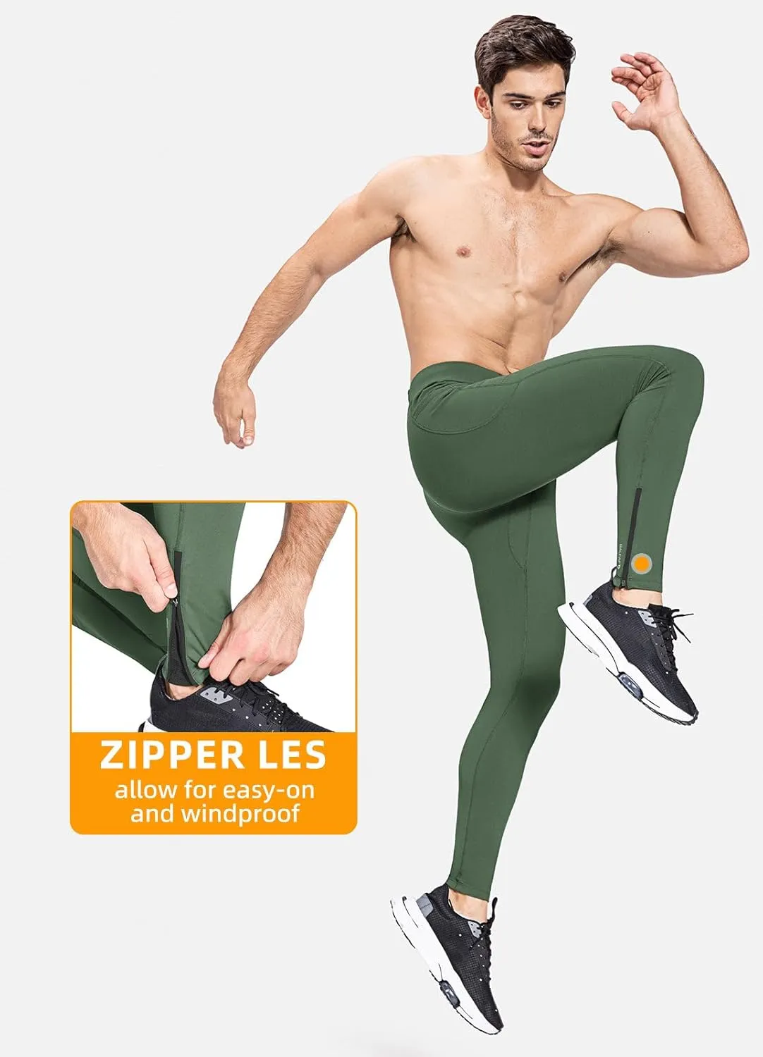 baleaf Men's Winter Running Tights Thermal Cycling Pants Water Resistant Fleece Leggings Zipper Pockets Cold Weather Gear