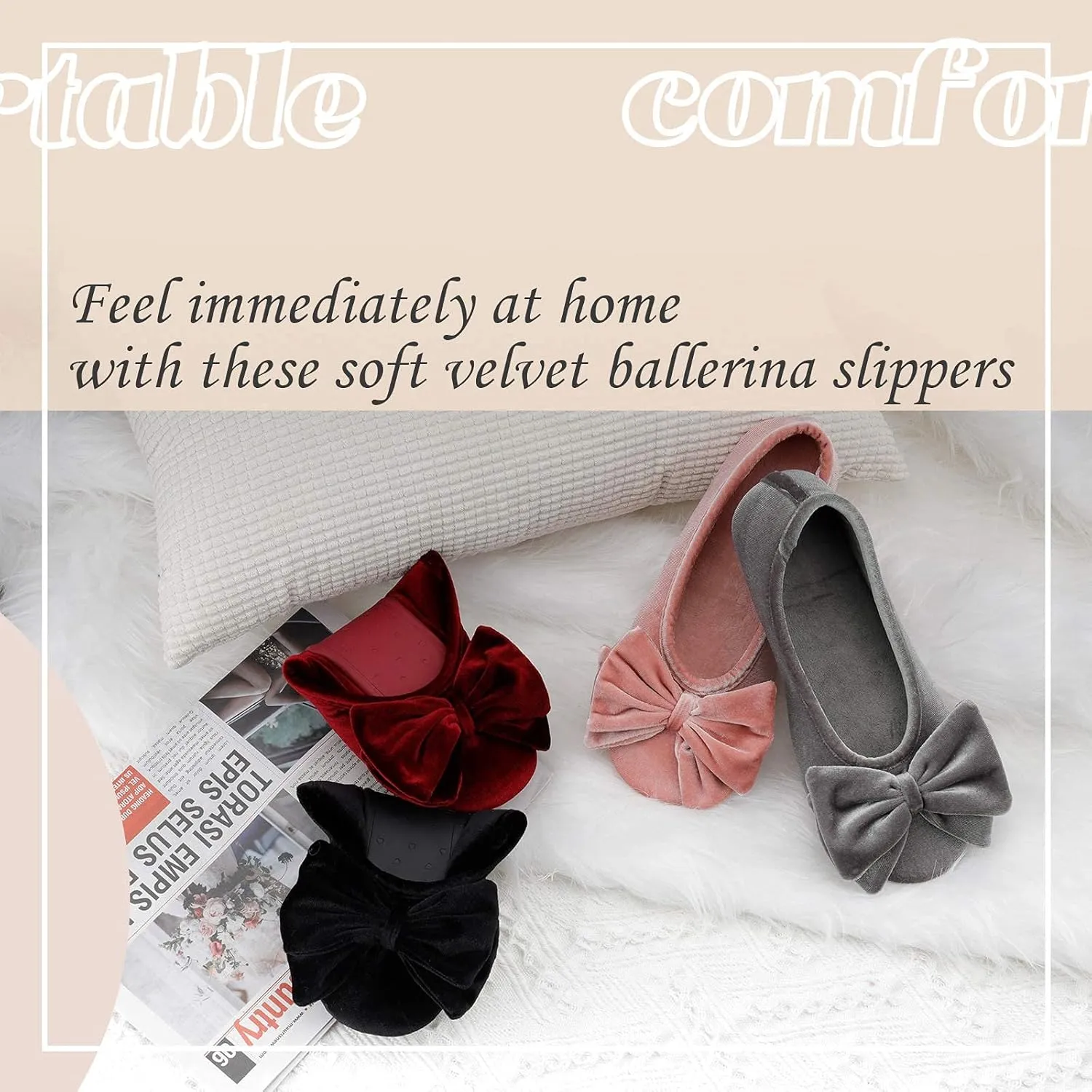 BCTEX COLL Women's Fancy House Slippers with Bow, Ladies Sexy Velvet Ballerina Slipper