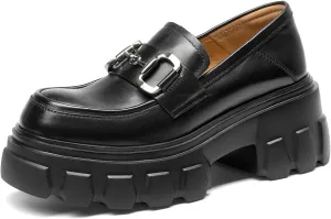 BEAU TODAY Platform Loafers for Women,Leather Chunky Loafers for Women,Heel Lug Sole Slip-on Breathable Horsebit Non-Slip Loafers for Work Business Casual