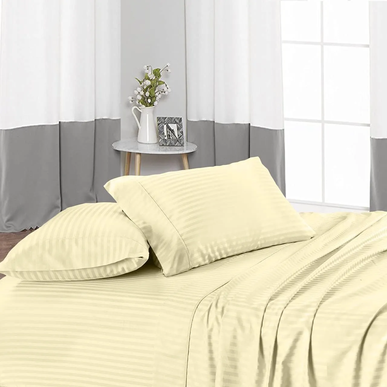 Bed Sheet Set of 5PCs, Ivory Stripe,Queen Size, 1 Fitted Sheet (15"-16") Deep Pocket, 1 Flat Sheet, 1 Duvet Cover with Zipper and 2 Pillowcases, Pure Egyptian Cotton, 400 Thread Count.