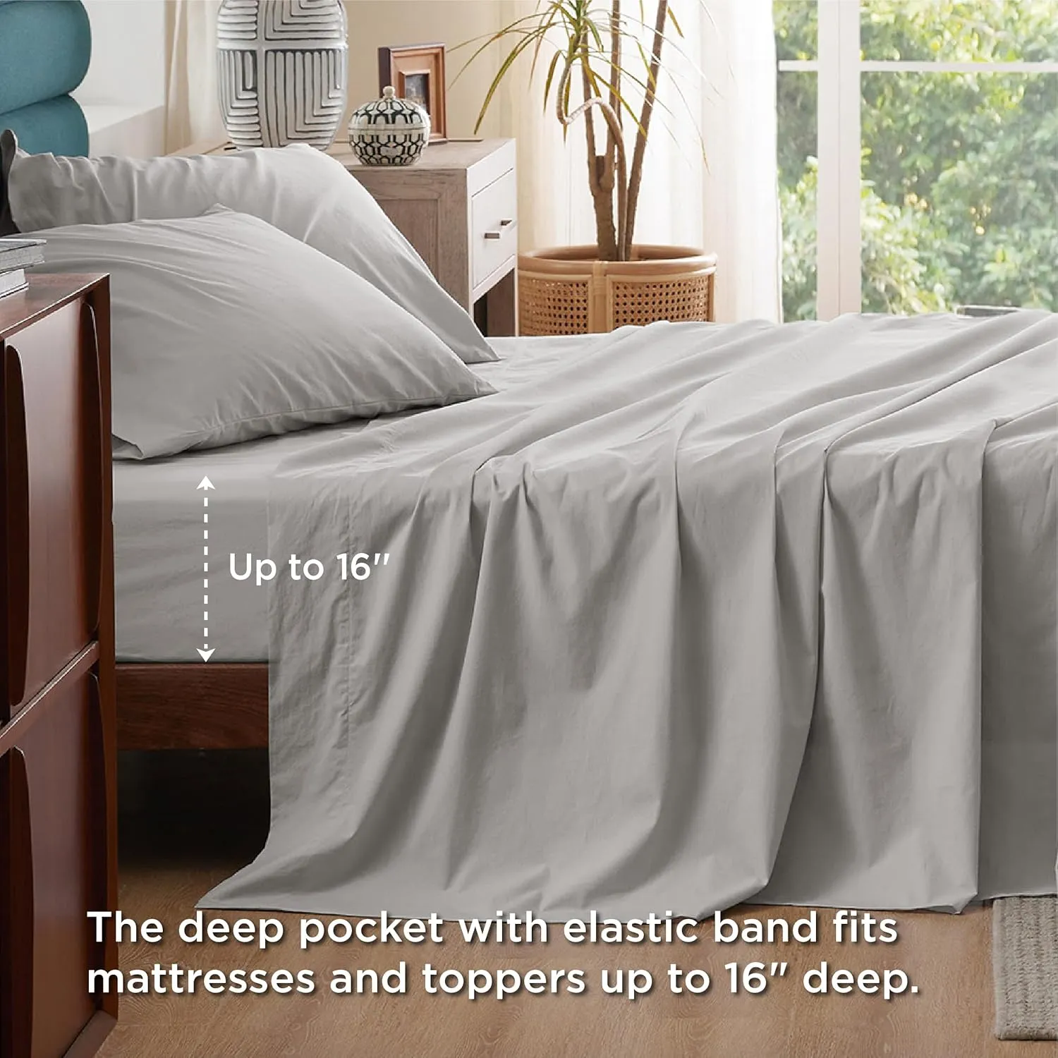 Bedsure 100% Cotton Percale Sheets Queen Size, Queen Sheet Set with Deep Pocket Up to 16 Inches, Breathable & Crirsp Soft, Bedsheet & Pillowcase Sets, 4 Pieces, Grey