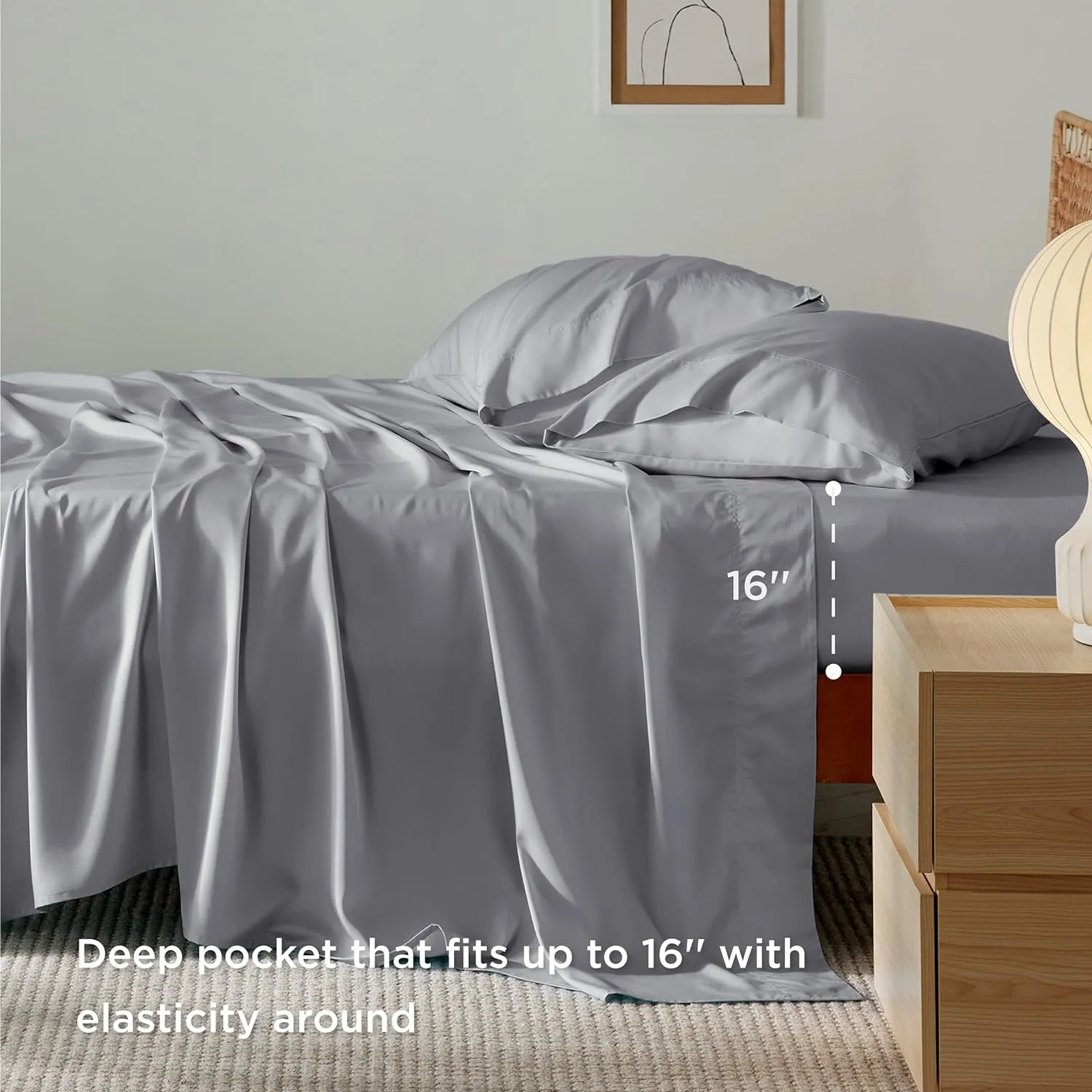 Bedsure Queen Sheets, Rayon Derived from Bamboo, Queen Cooling Sheet Set, Deep Pocket Up to 16", Breathable & Soft Bed Sheets, Hotel Luxury Silky Bedding Sheets & Pillowcases, Silver Grey