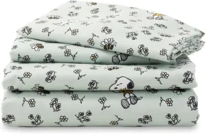Berkshire Blanket Peanuts® Kids Sheet Set Full Size - 4 Pieces,Cute Character Snoopy Printed Soft Microfiber Bed Sheets,Mini Snoopy & Woodstock New Flower and Bees Sage