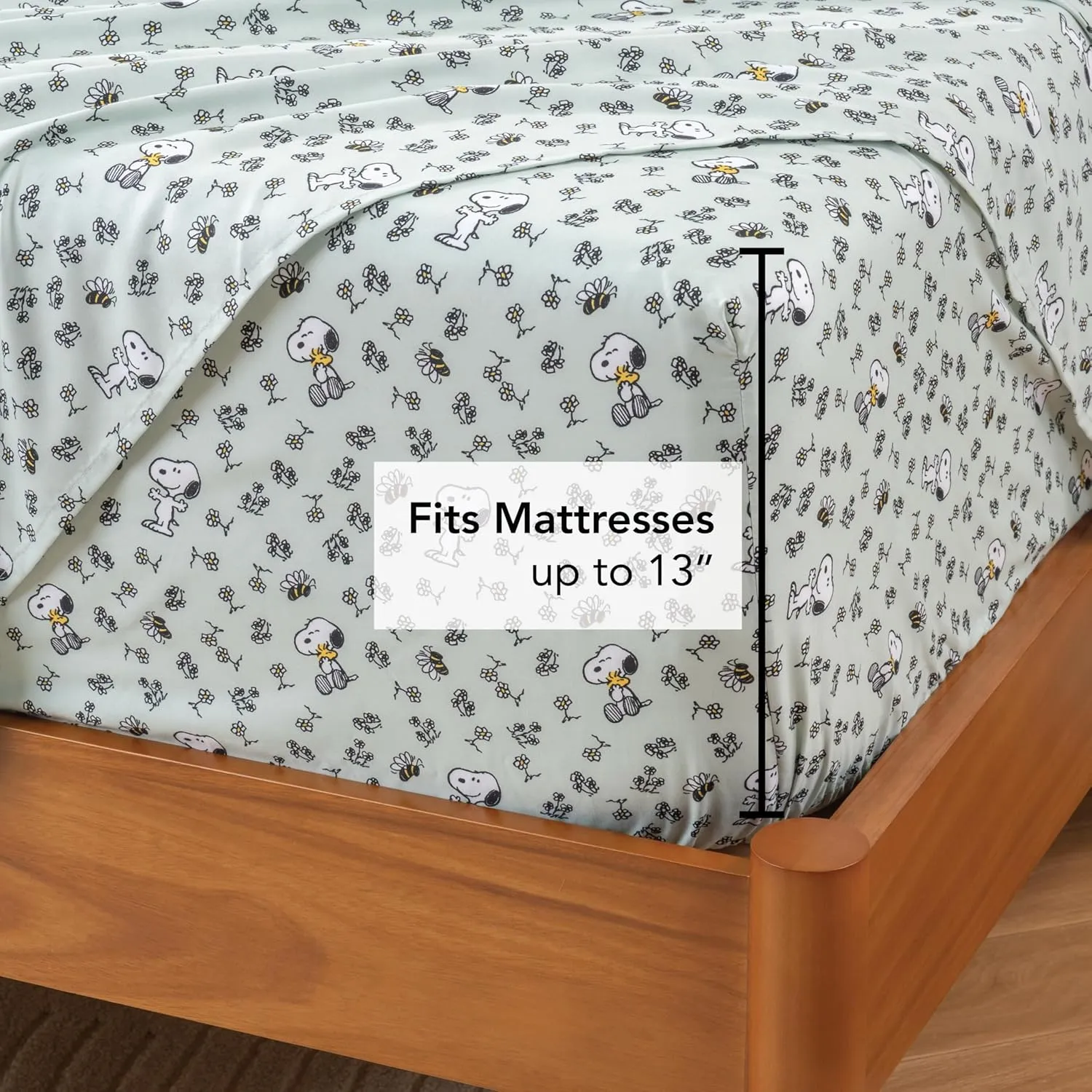 Berkshire Blanket Peanuts® Kids Sheet Set Full Size - 4 Pieces,Cute Character Snoopy Printed Soft Microfiber Bed Sheets,Mini Snoopy & Woodstock New Flower and Bees Sage