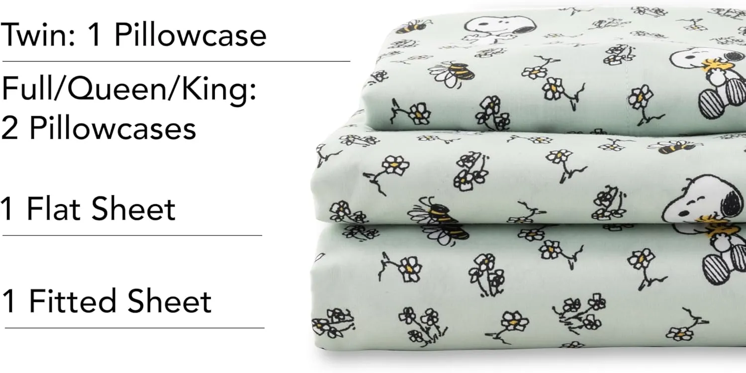 Berkshire Blanket Peanuts® Kids Sheet Set Full Size - 4 Pieces,Cute Character Snoopy Printed Soft Microfiber Bed Sheets,Mini Snoopy & Woodstock New Flower and Bees Sage