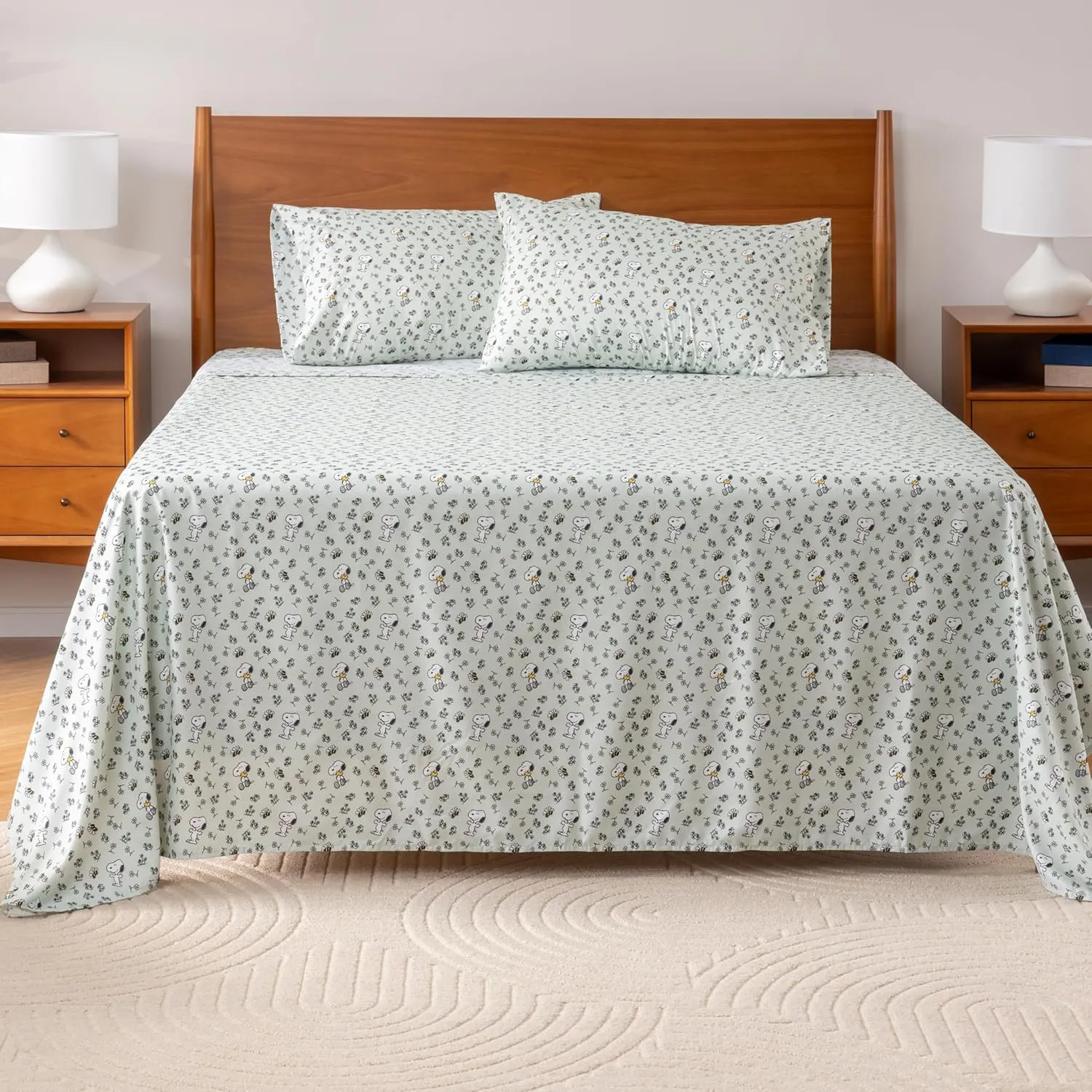 Berkshire Blanket Peanuts® Kids Sheet Set Full Size - 4 Pieces,Cute Character Snoopy Printed Soft Microfiber Bed Sheets,Mini Snoopy & Woodstock New Flower and Bees Sage