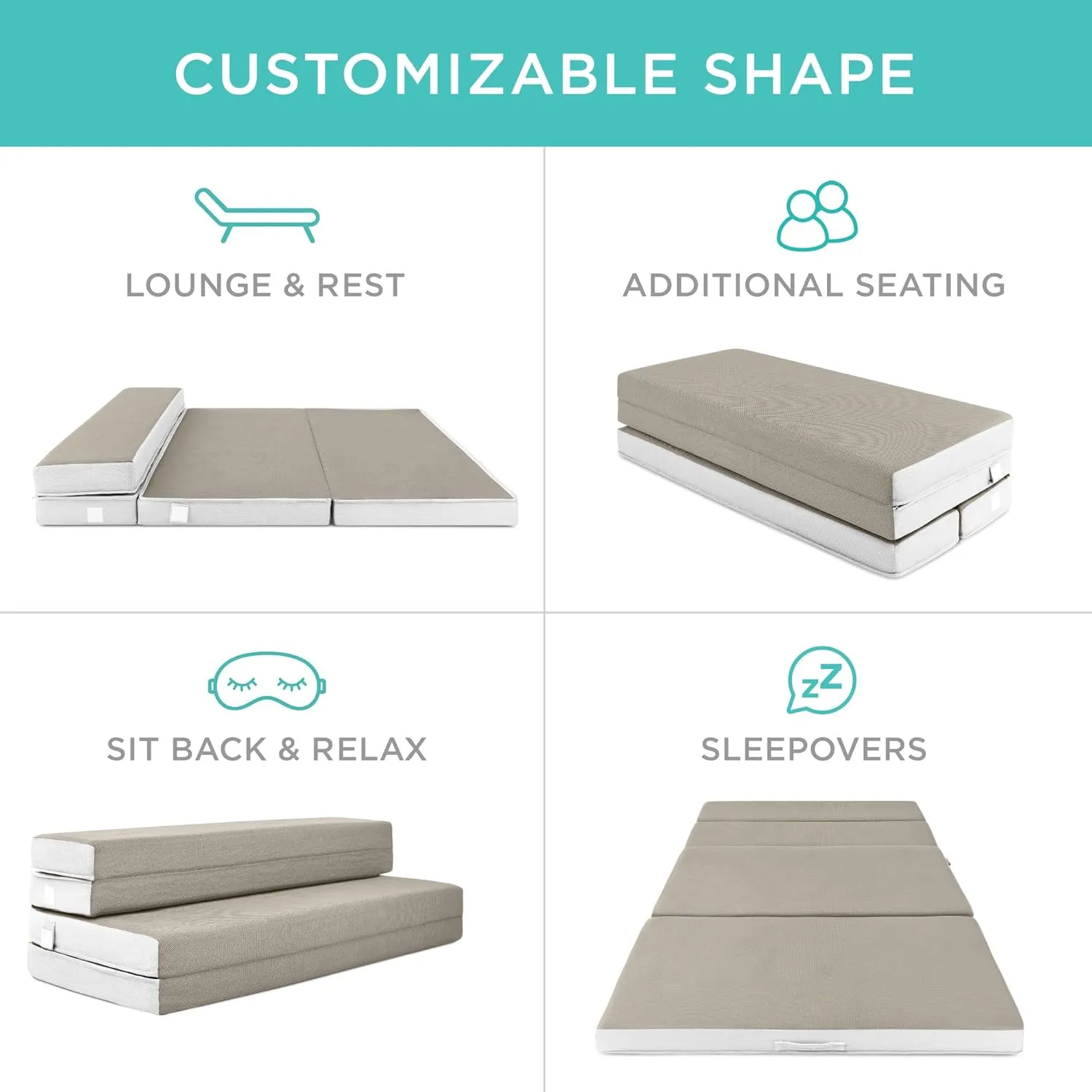 Best Choice Products 4in Portable Queen-Size Mattress, Tri-Fold Mattress for Camping, Guest, Toddler, Foam Plush w/Carry Case - Taupe