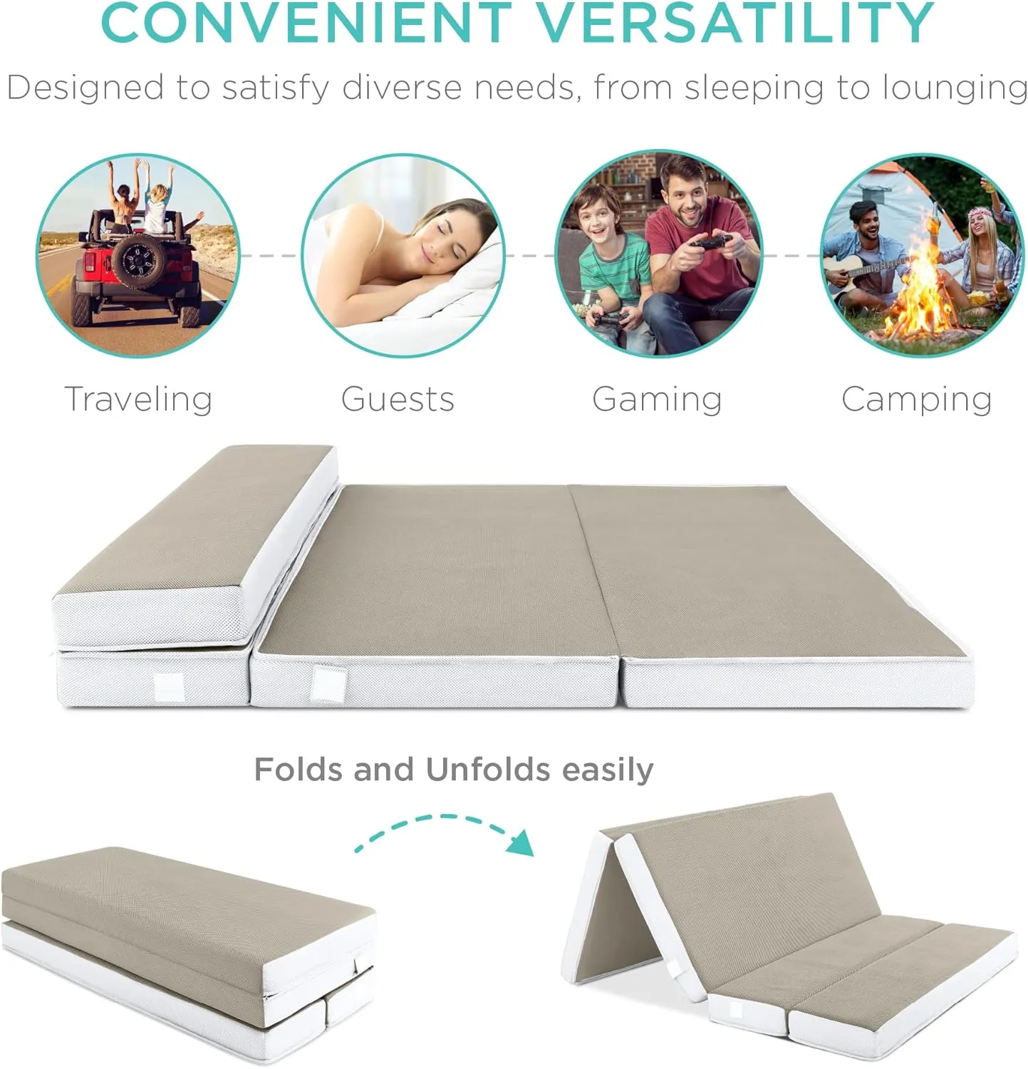 Best Choice Products 4in Portable Queen-Size Mattress, Tri-Fold Mattress for Camping, Guest, Toddler, Foam Plush w/Carry Case - Taupe