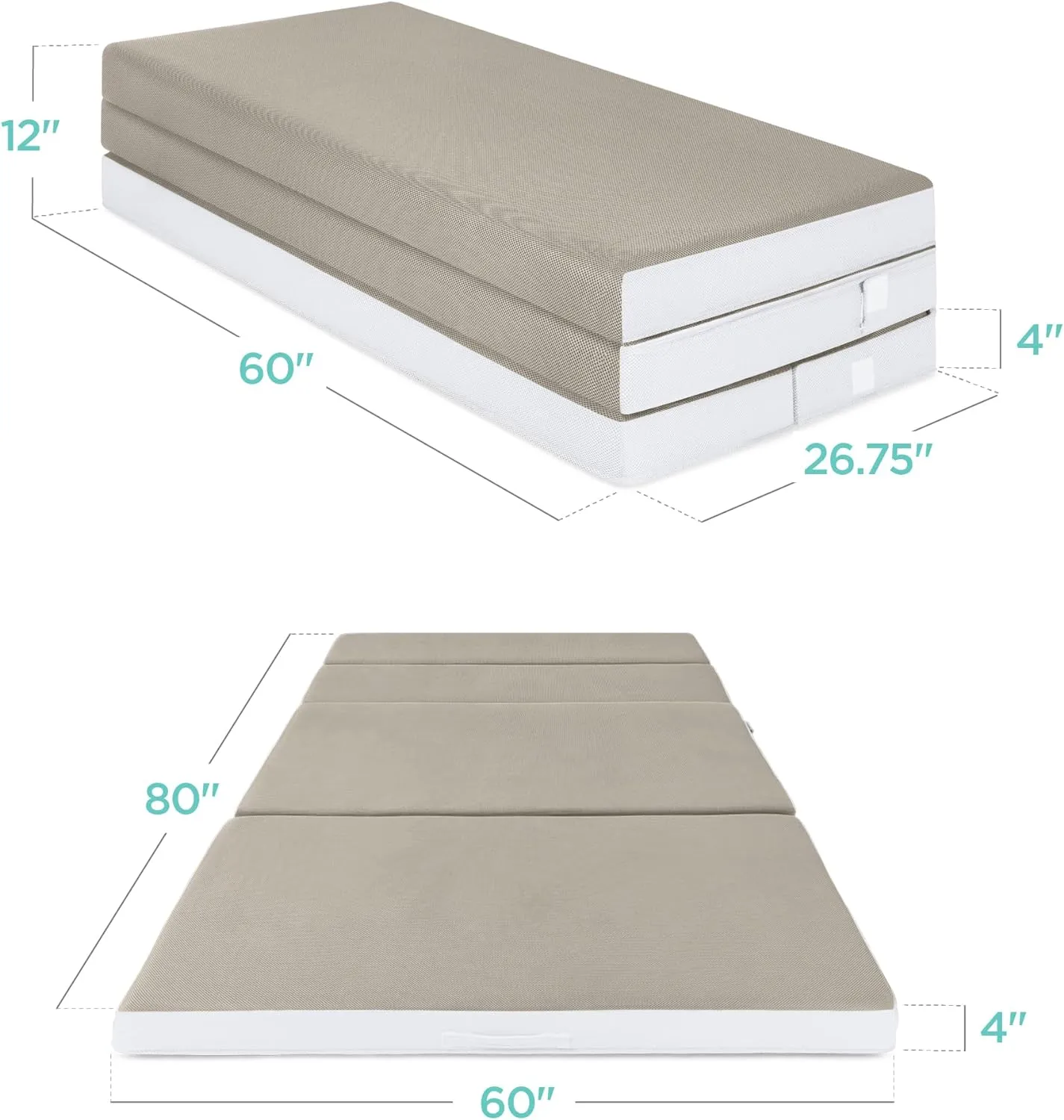 Best Choice Products 4in Portable Queen-Size Mattress, Tri-Fold Mattress for Camping, Guest, Toddler, Foam Plush w/Carry Case - Taupe