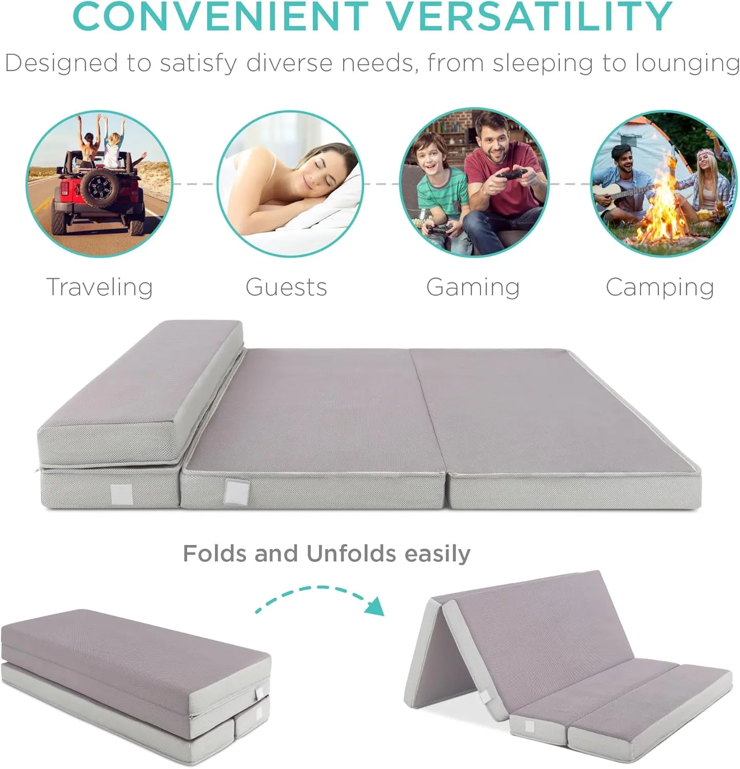 Best Choice Products 4in Portable Twin-Size Mattress, Tri-Fold Mattress for Camping, Guest, Toddler, Foam Plush w/Carry Case - Grey