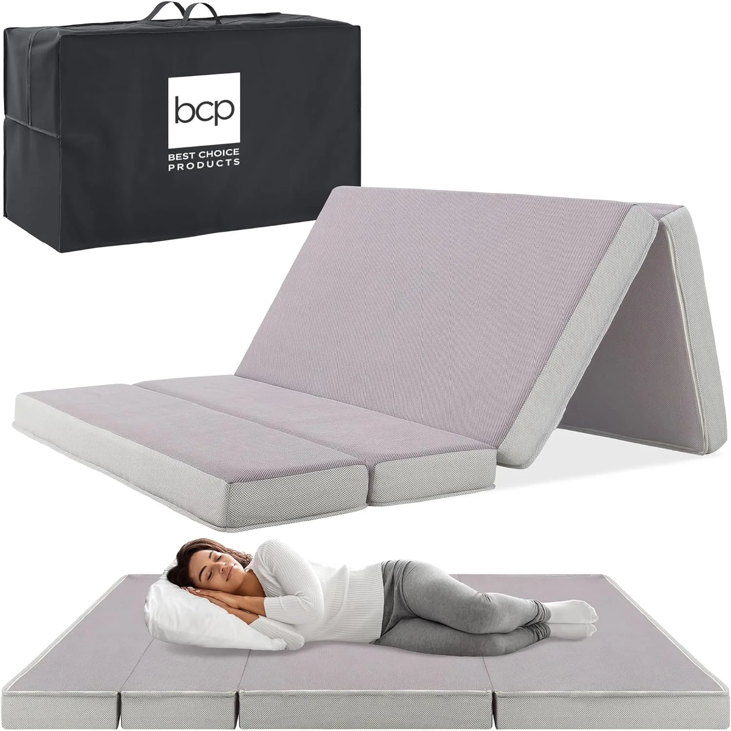 Best Choice Products 4in Portable Twin-Size Mattress, Tri-Fold Mattress for Camping, Guest, Toddler, Foam Plush w/Carry Case - Grey