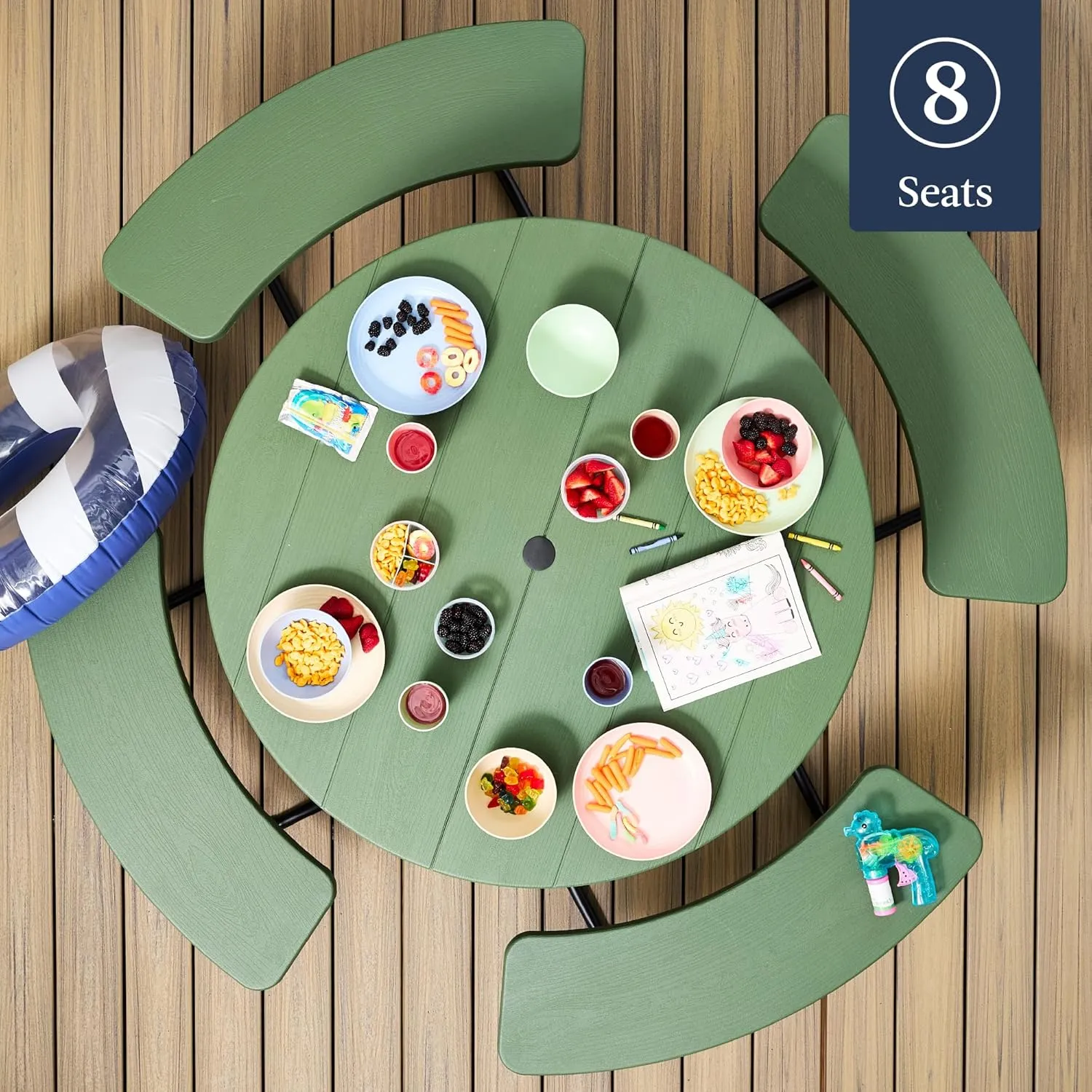 Best Choice Products 8-Person Outdoor Bench Patio Picnic Table, Circular w/ 4 Built-in Benches and Umbrella Hole, 2000lb Capacity - Green