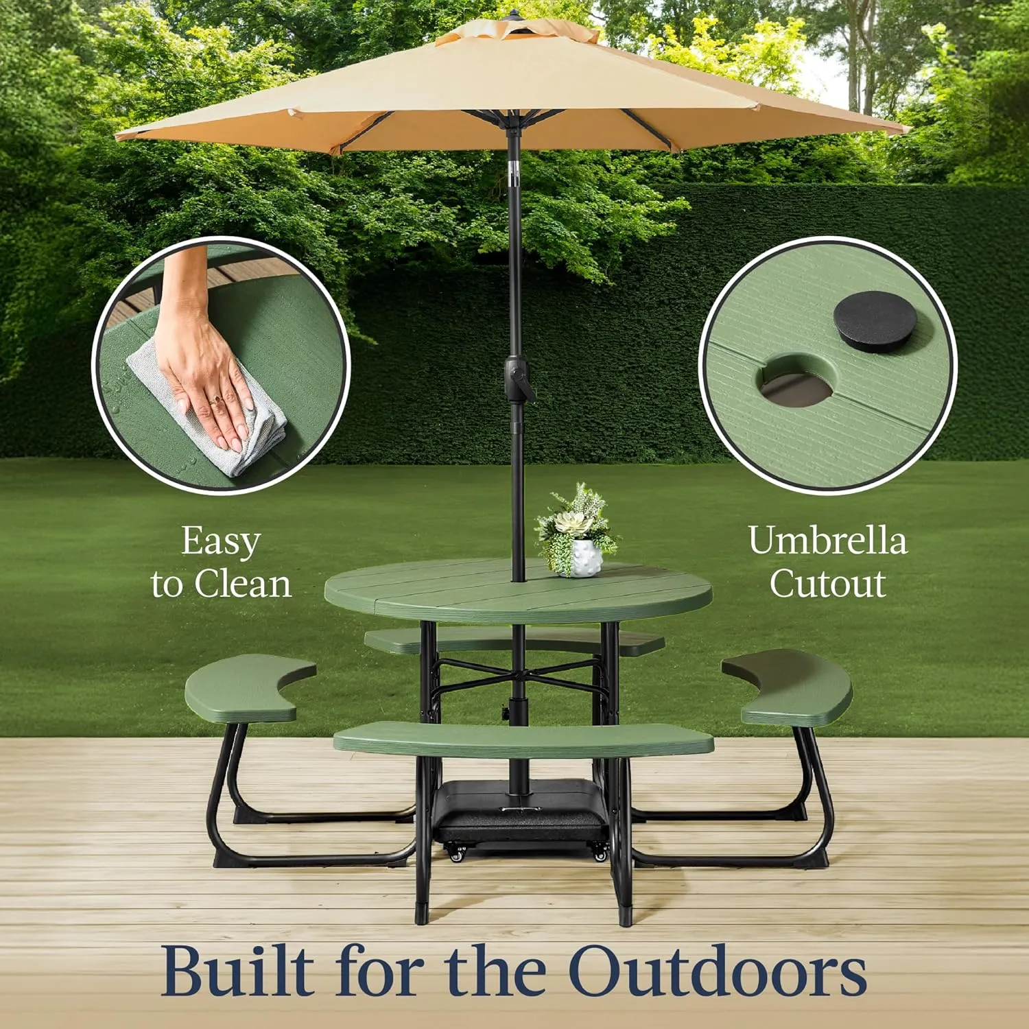 Best Choice Products 8-Person Outdoor Bench Patio Picnic Table, Circular w/ 4 Built-in Benches and Umbrella Hole, 2000lb Capacity - Green